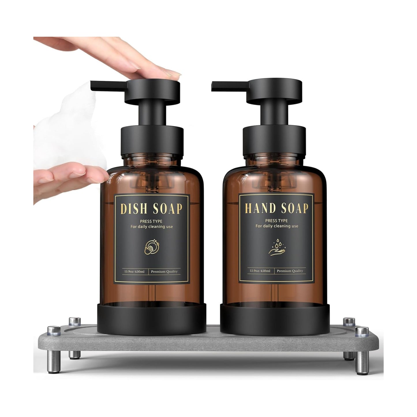 Luxspire 15oz Glass Foaming Soap Dispenser Set, Amber + Dark Gray, 2 Pack | Anti-drip pump, wide mouth easy refill