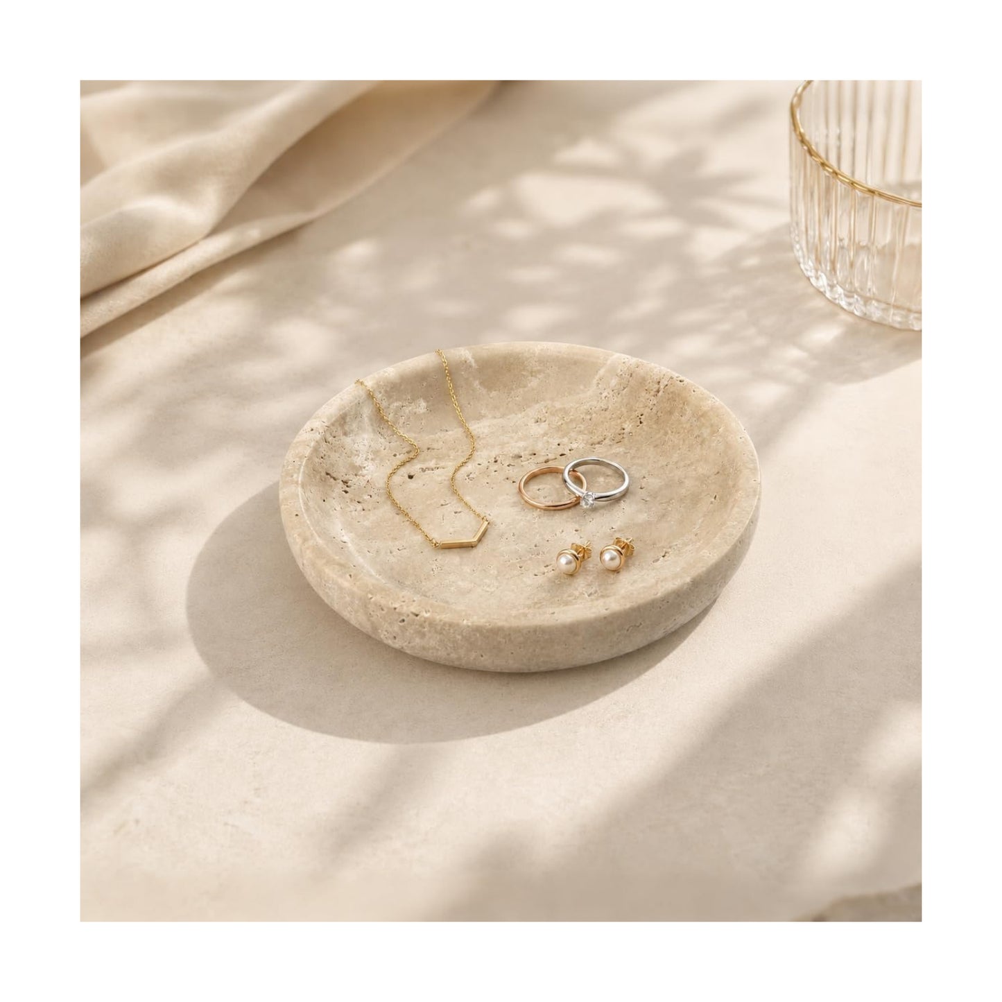 Small Natural Marble Jewelry Tray Key Plate Holder Dish Trinket Decor Catch All / Beige Travertine