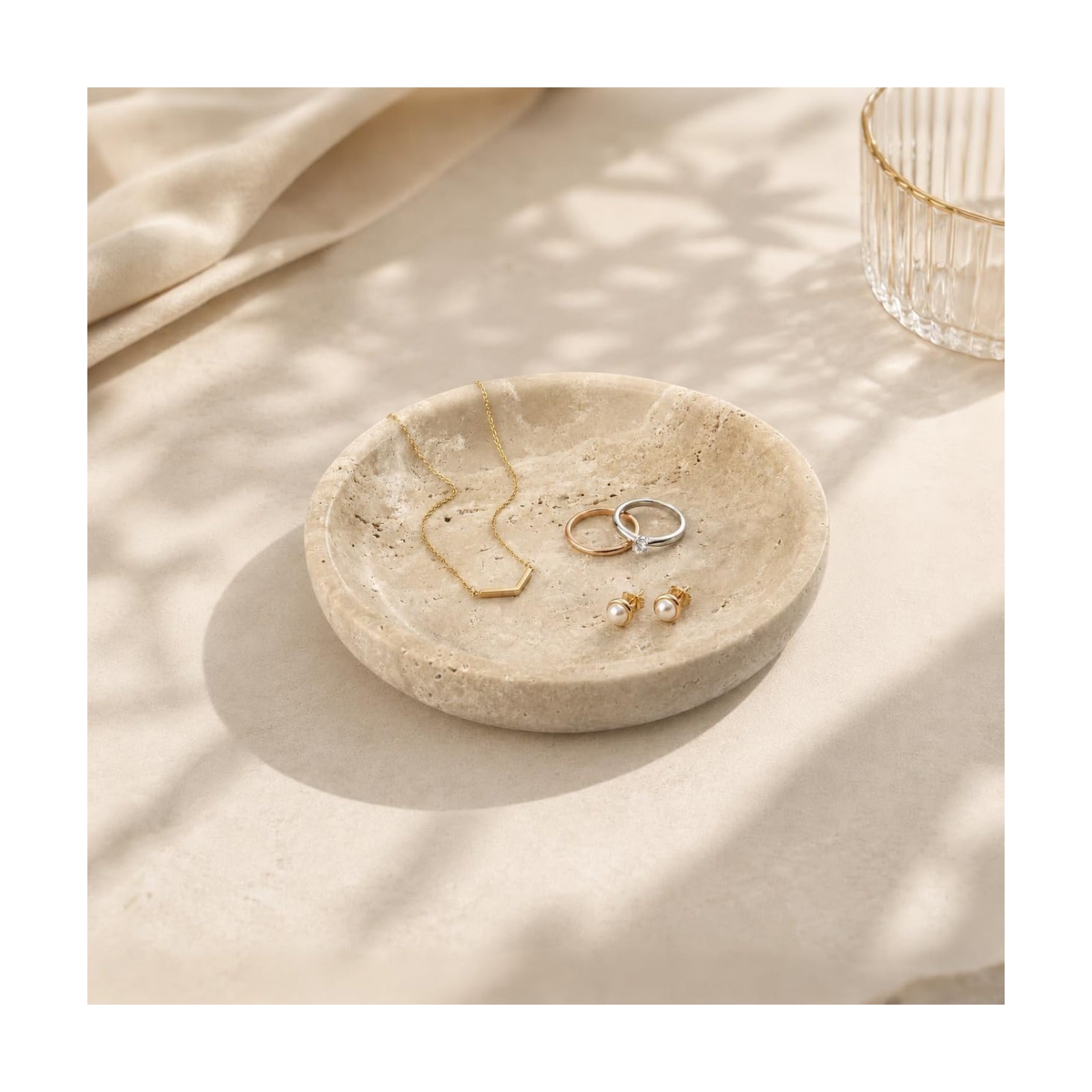 Small Natural Marble Jewelry Tray Key Plate Holder Dish Trinket Decor Catch All / Beige Travertine