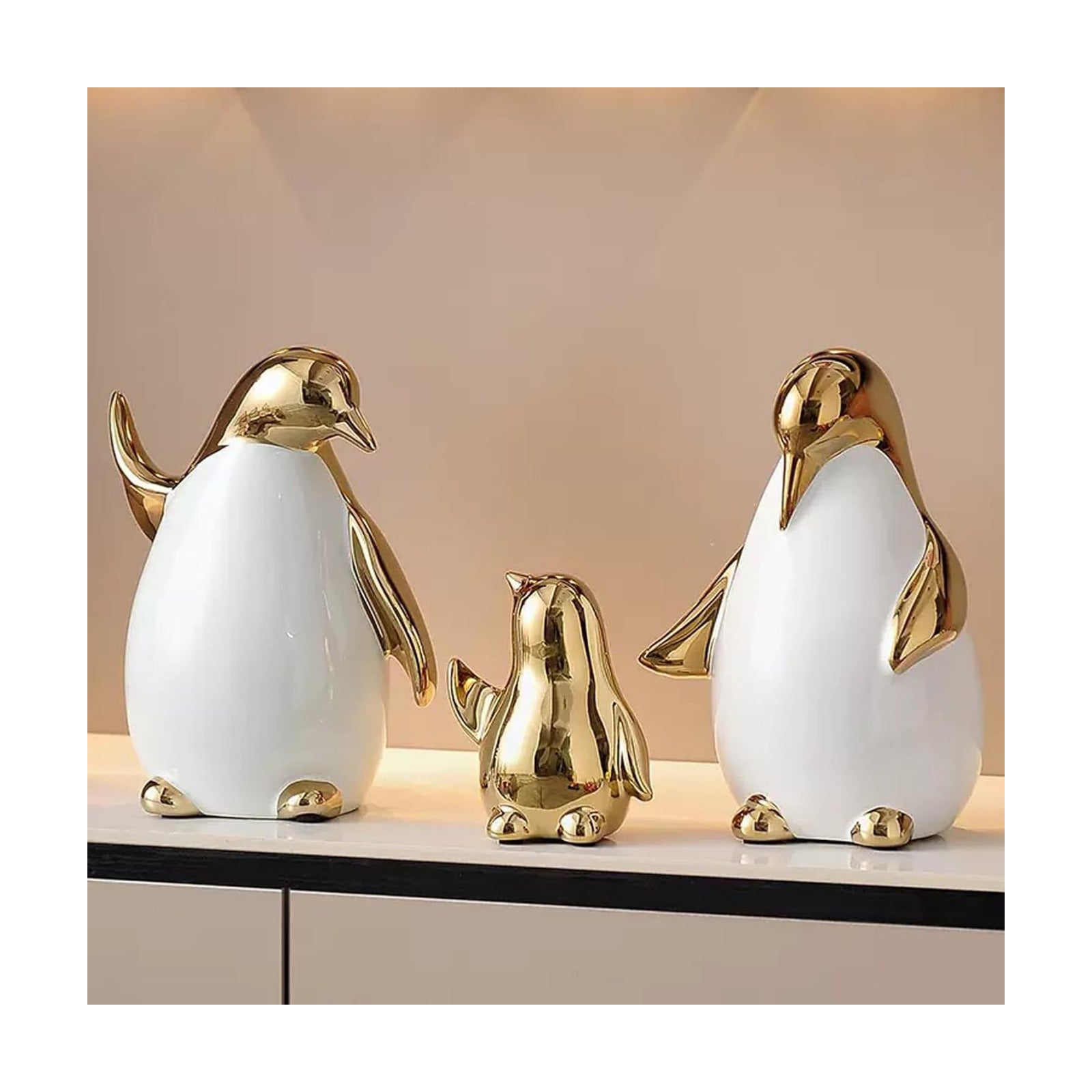 Ceramic Statues Aesthetic Abstract Penguins Sculpture Modern Home Decor / White Gold / Set of 3