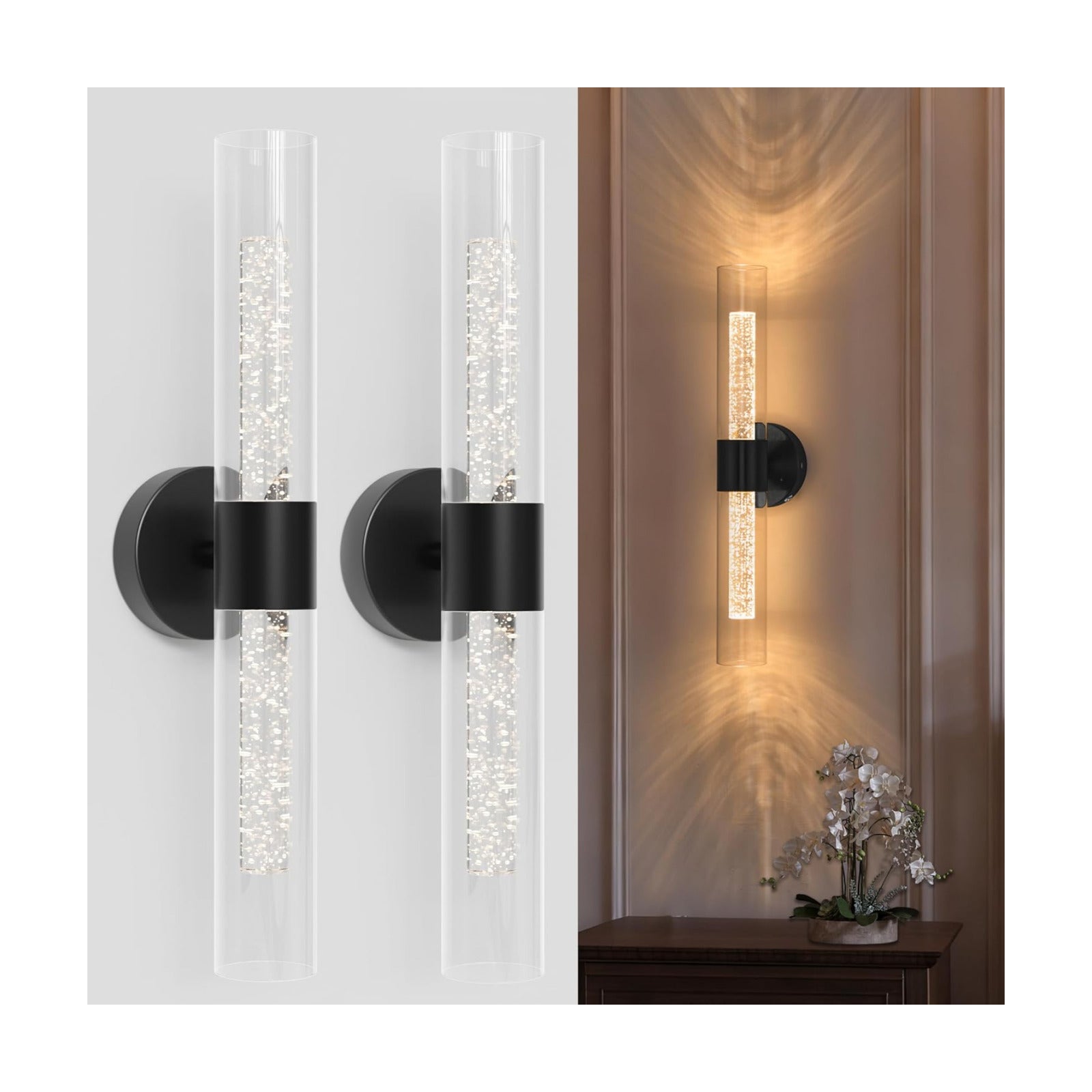 Black Wall Sconces Battery Operated with Remote Control, 21.5 Inch 3CCT | Rechargeable Wall Sconce with Timer