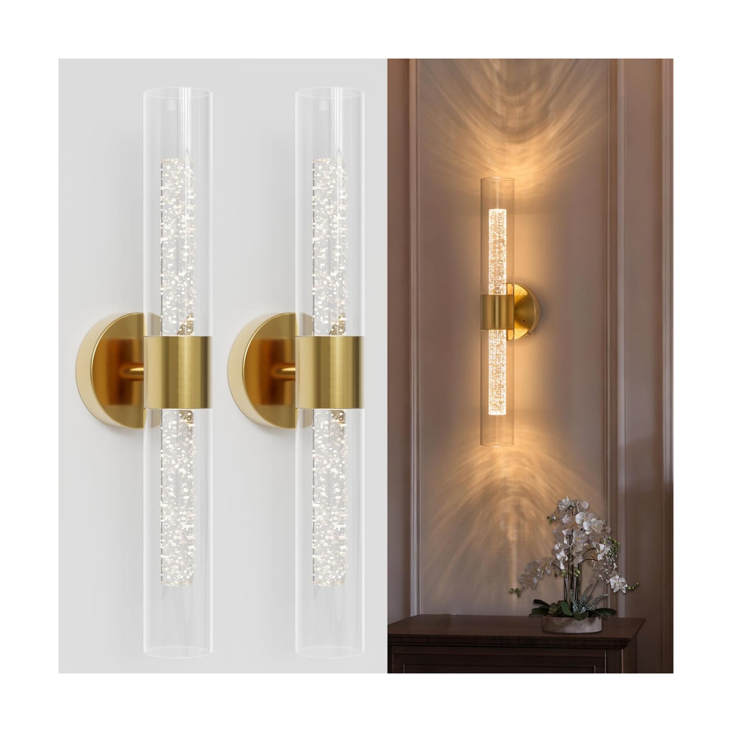 Gold Wall Sconces Battery Operated with Remote Control, 21.5 Inch 3CCT | Rechargeable Wall Sconce with Timer, Dimmable
