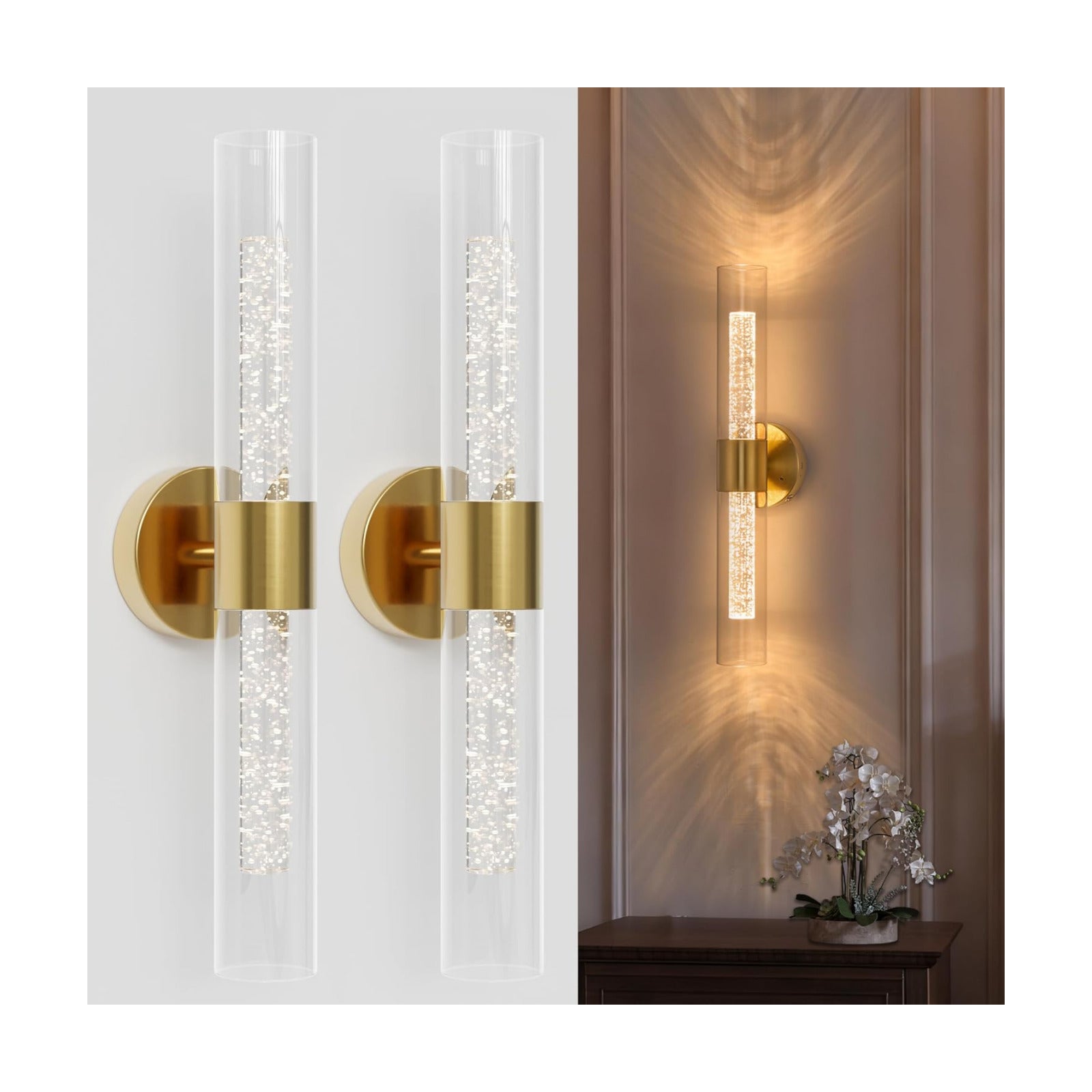 Gold Wall Sconces Battery Operated with Remote Control, 21.5 Inch 3CCT | Rechargeable Wall Sconce with Timer, Dimmable