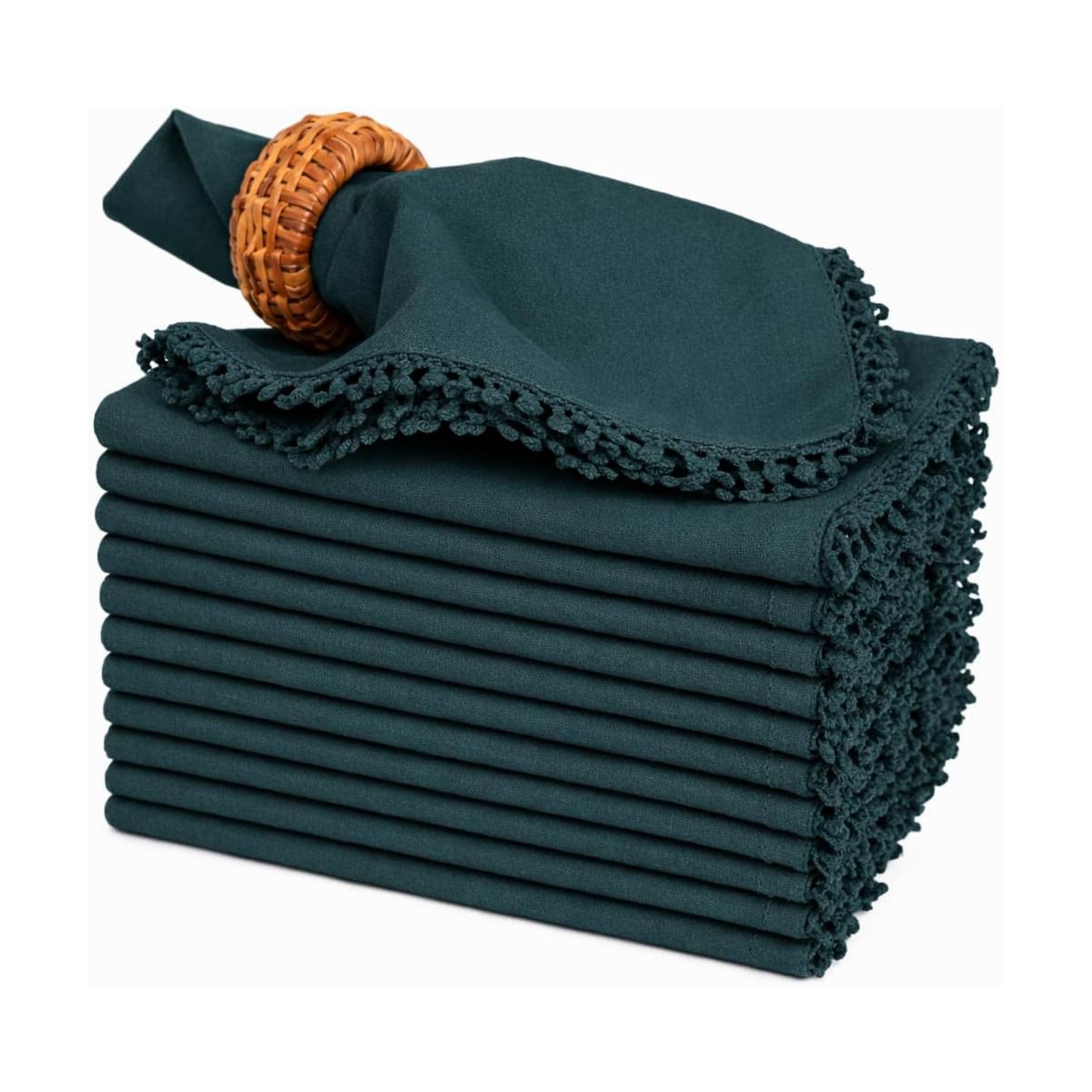 Bedding Craft Cotton Cloth Dinner Napkins Set of 12 – 18x18 Magical Forest with Decorative Lace Selvedge – Elegant