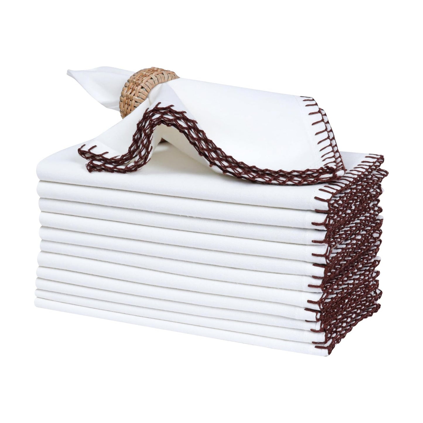 Bedding Craft Cotton Cloth Dinner Napkins Set of 12 – 18x18 Hot Chocolate Brown Cloth Napkins with Blanket Stitch