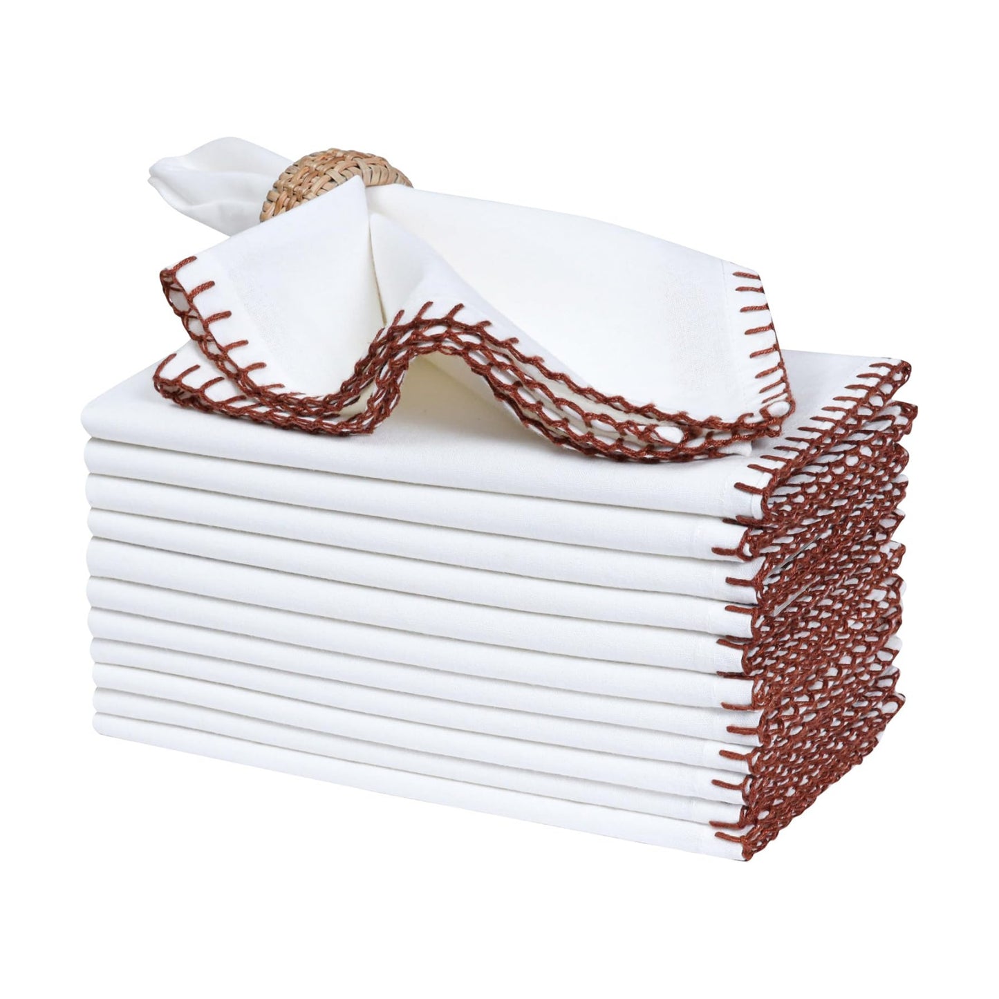 Bedding Craft Cotton Cloth Dinner Napkins Set of 12 – 18x18 Chili Oil Red Cloth Napkins with Blanket Stitch Selvedge –