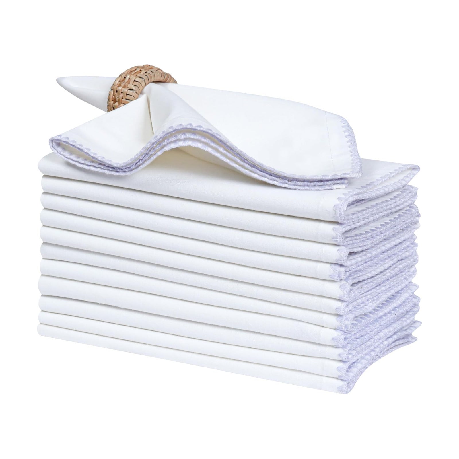 Bedding Craft Cotton Cloth Dinner Napkins Set of 12 – 18x18 Lavender Blue Napkins with Colored Edge Embroidery –