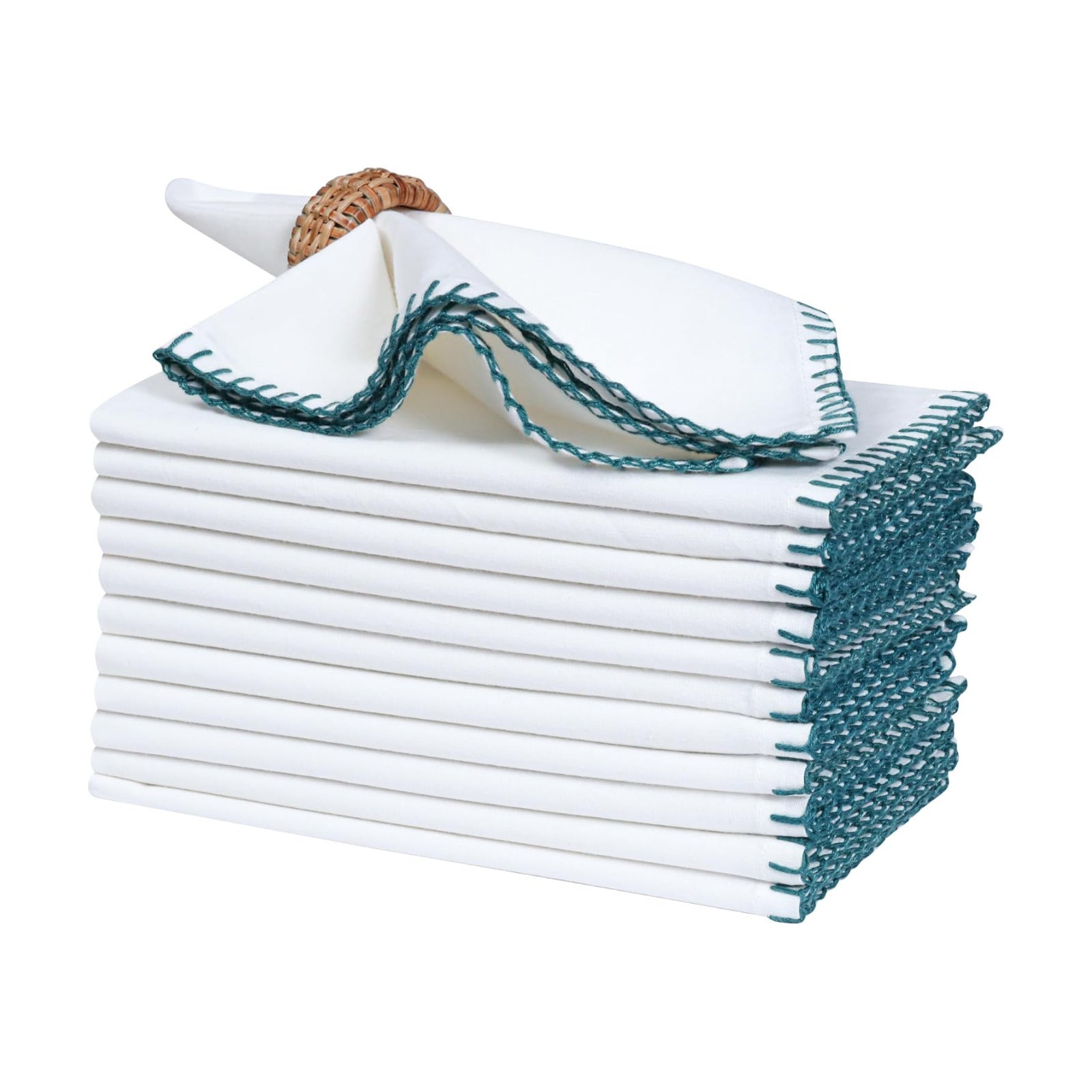 Bedding Craft Cotton Cloth Dinner Napkins Set of 12 –18x18 Funfare Multi-Color Fabric Napkins with Blanket Stitch