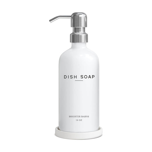 White Glass Dish Soap Dispenser for Kitchen Sink by Brighter Barns - Modern Kitchen Soap Dispenser Set - Refillable