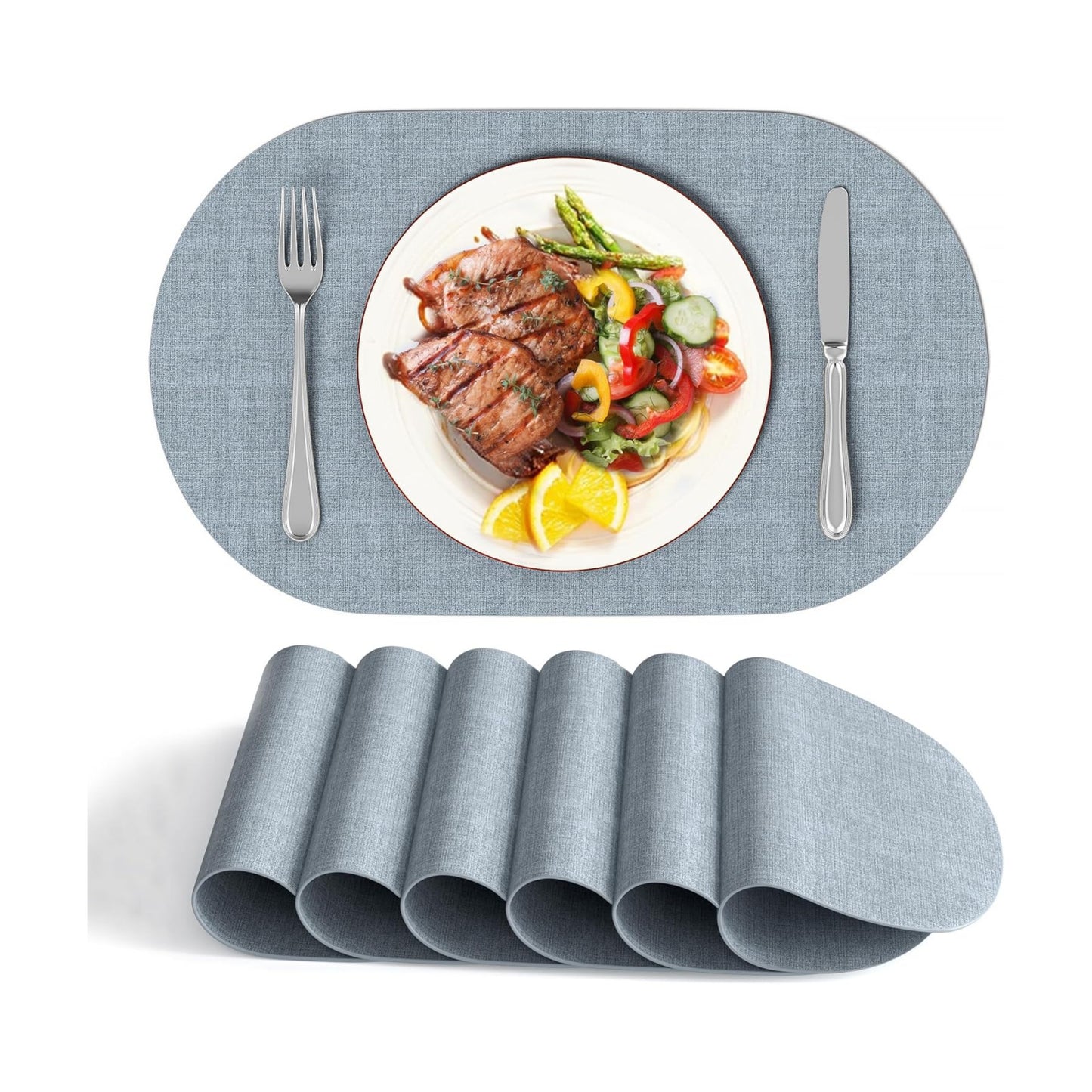 DOLOPL Oval Placemats Set of 6, Dusty Blue Faux Leather Table Place Mats | Reversible, Wipeable & Washable, Heat