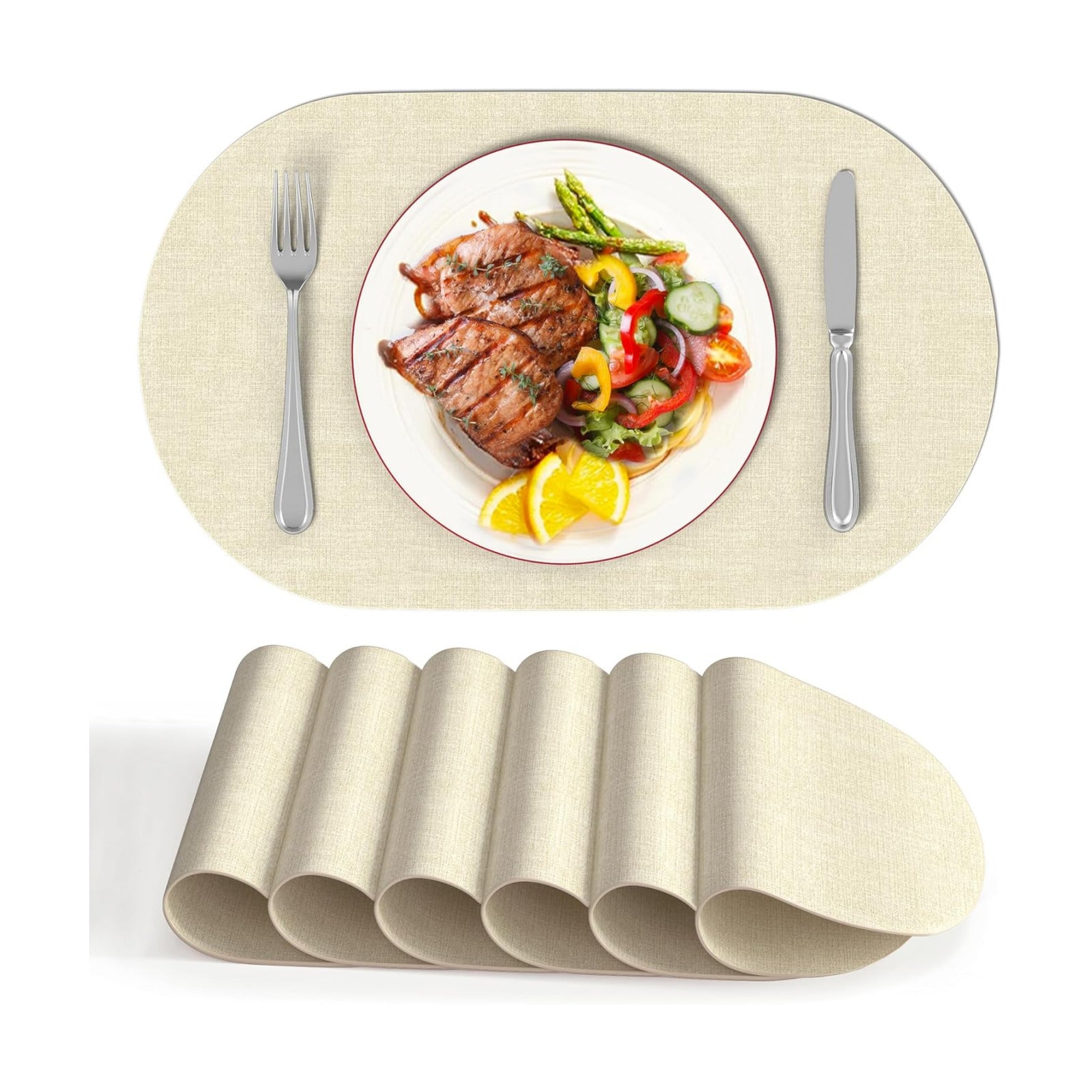 DOLOPL Oval Placemats Set of 6, Beige Faux Leather Place Mats, Large | Large Size 13.8" x 21.6", Reversible, Wipeable &