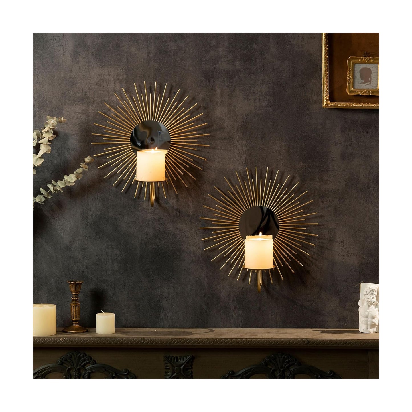 AIM & GGKK Wall Candle Sconce Holder,Set of 2 Mirror Wall Mounted Metal Candle Holder for Home,Living Room, Dining