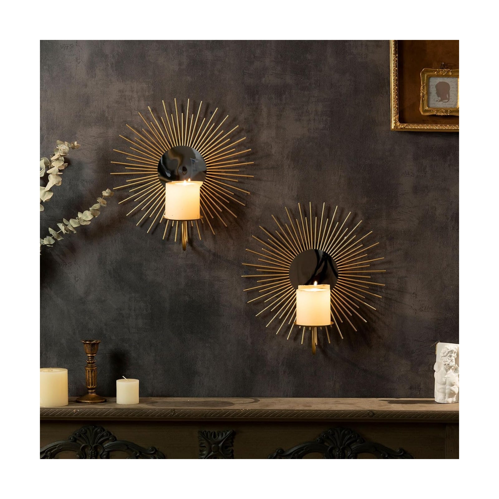 AIM & GGKK Wall Candle Sconce Holder,Set of 2 Mirror Wall Mounted Metal Candle Holder for Home,Living Room, Dining