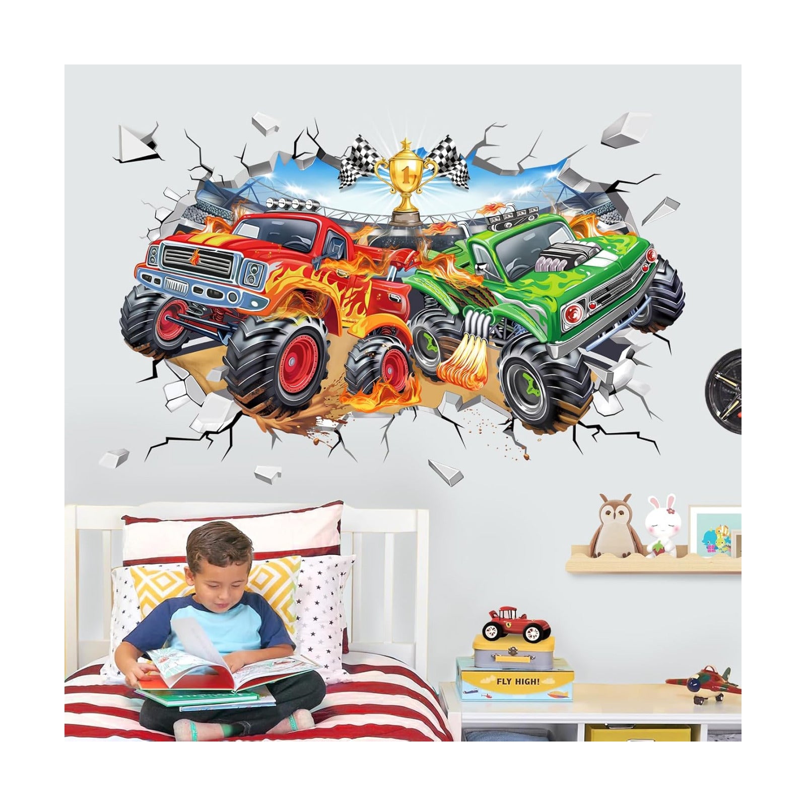 Large 3D Racing Car Wall Stickers Vehicles Truck Break Through Peel and Stick Wall Art / 3D Truck