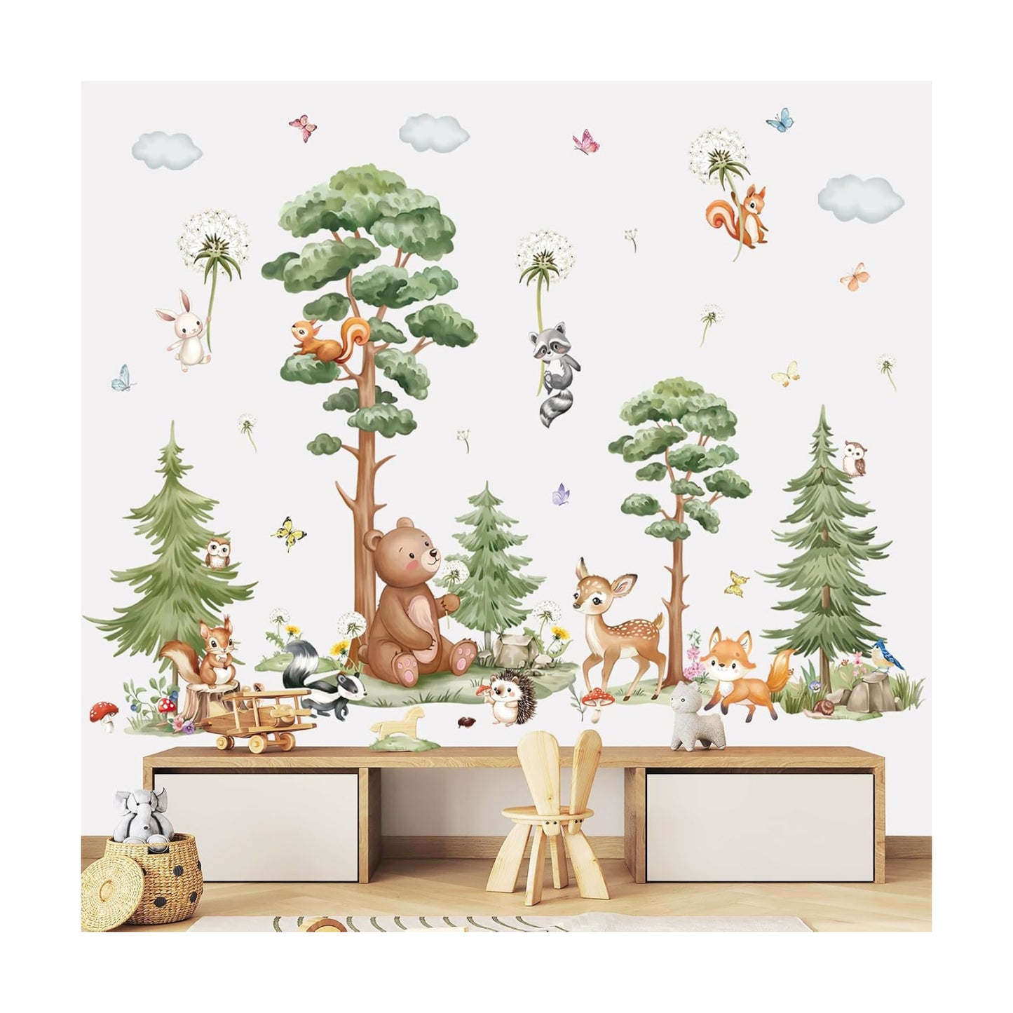 Large Woodland Animal Tree Wall Stickers Forest Animals Bear Deer Dandelion Peel and Stick Wall Art