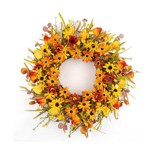 JINGHONG Fall Wreaths for Front Door 22 Inch Artificial Fall Wreath Floral Autumn Wreath with Colorful Daisies Orange Foliage for Indoor Outside Door Harvest Festival Thanksgiving Day Celebration