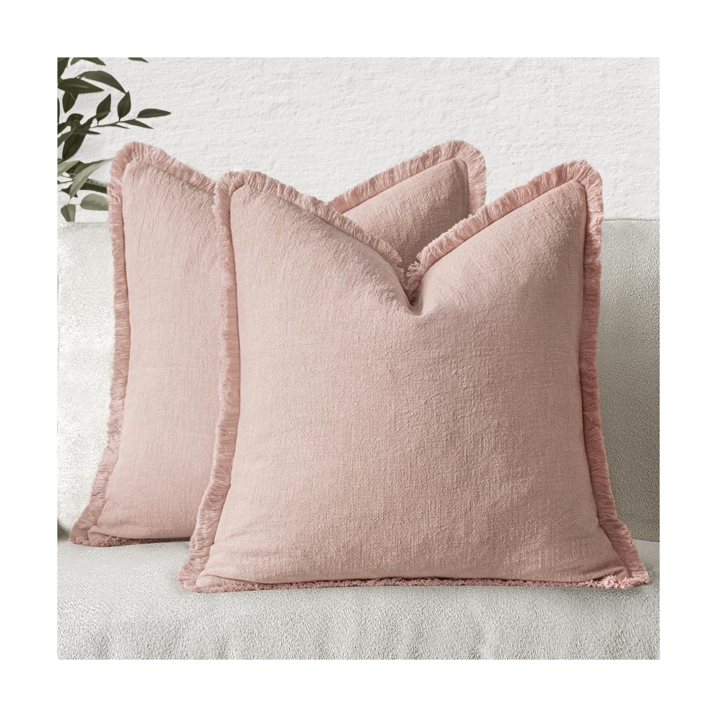 MIULEE Boho Linen Fringe Decorative Throw Pillow Covers Light Pink 18x18