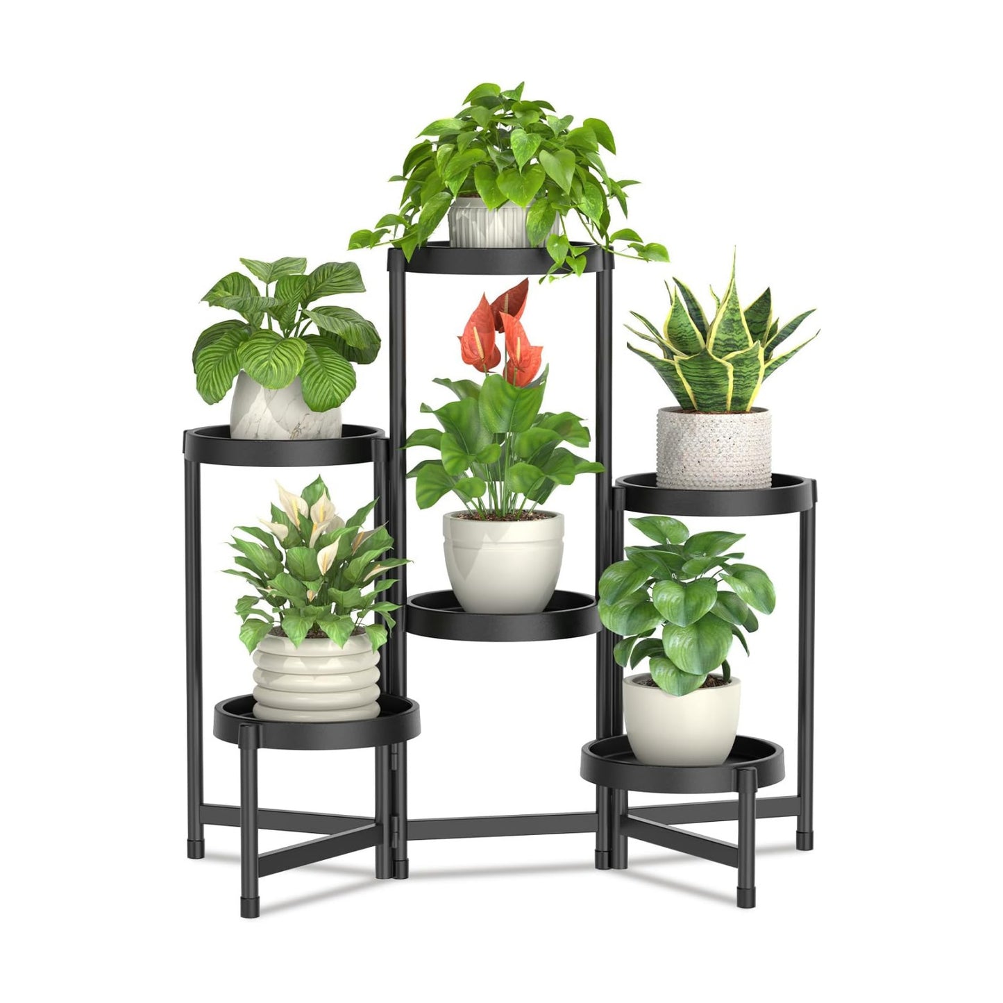 LASZOLA Plant Stand Indoor Outdoor Tall with Plastic Tray, 6 Tiers Black | Corner Folding Flower Display Rack, Modern