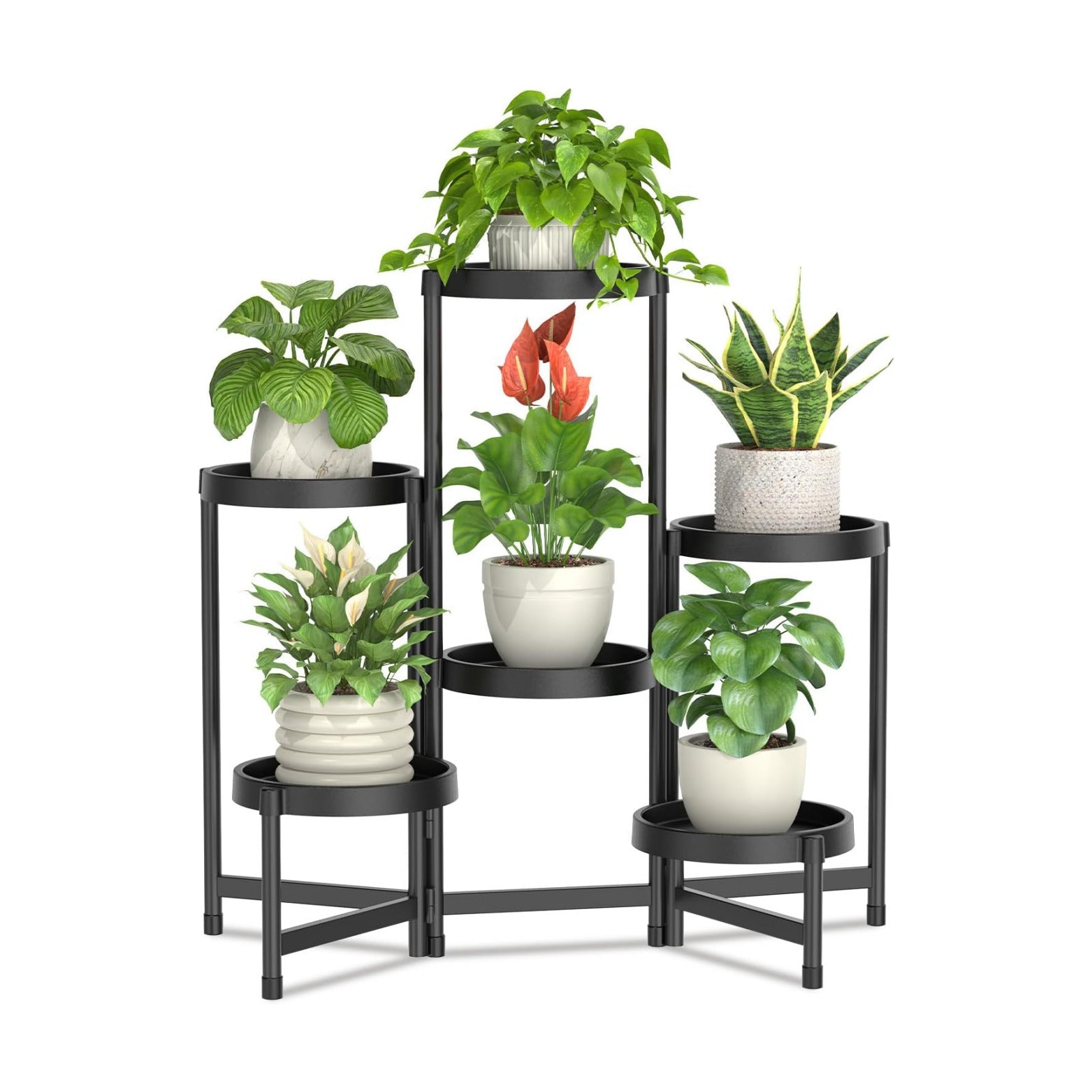 LASZOLA Plant Stand Indoor Outdoor Tall with Plastic Tray, 6 Tiers Black | Corner Folding Flower Display Rack, Modern