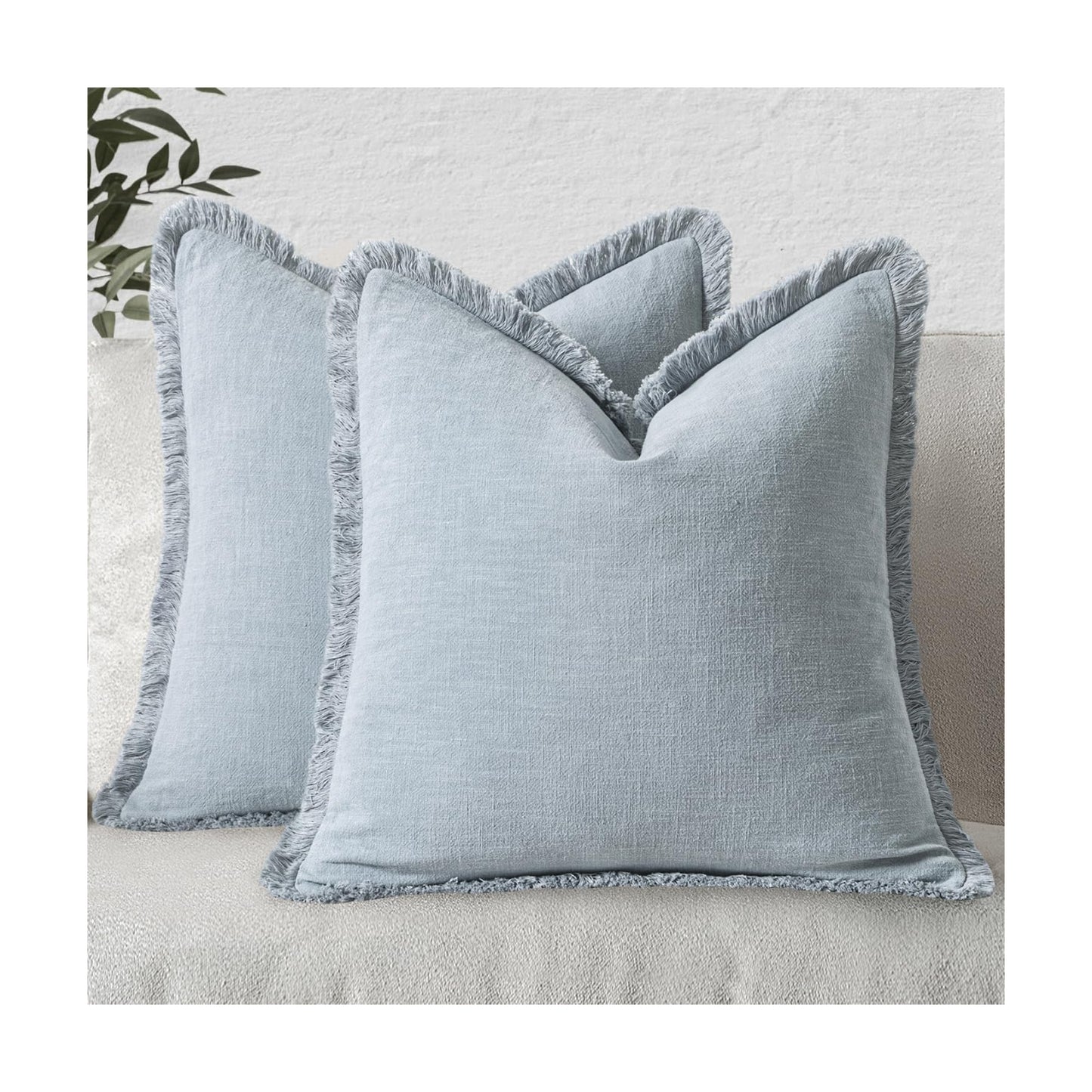 MIULEE Boho Linen Fringe Decorative Throw Pillow Covers Sky Blue 18x18