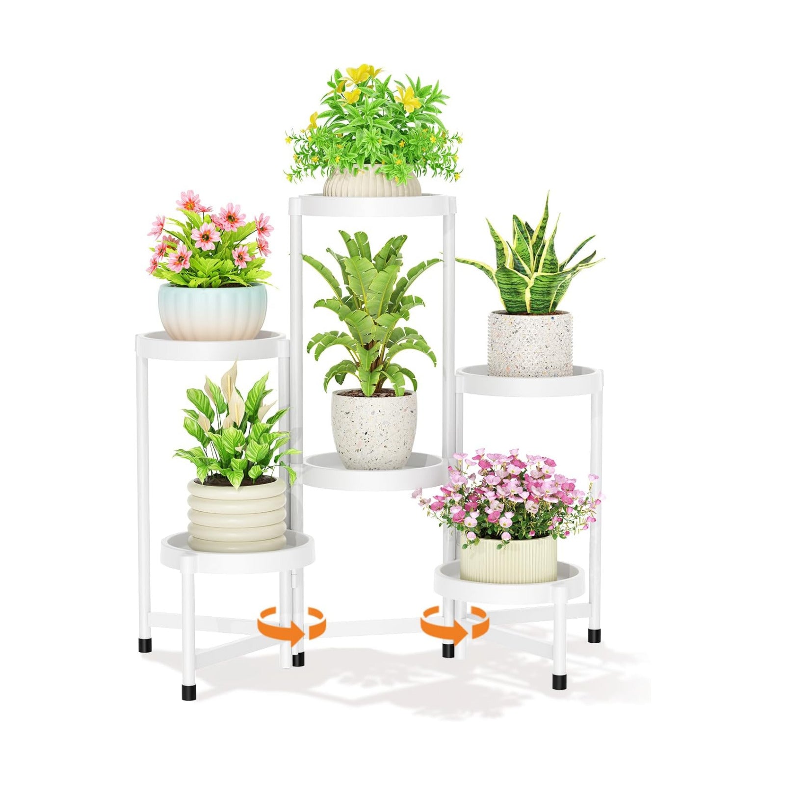 LASZOLA Plant Stand Indoor Outdoor Tall with Plastic Tray, 6 Tiers White | Corner Folding Flower Display Rack, Modern