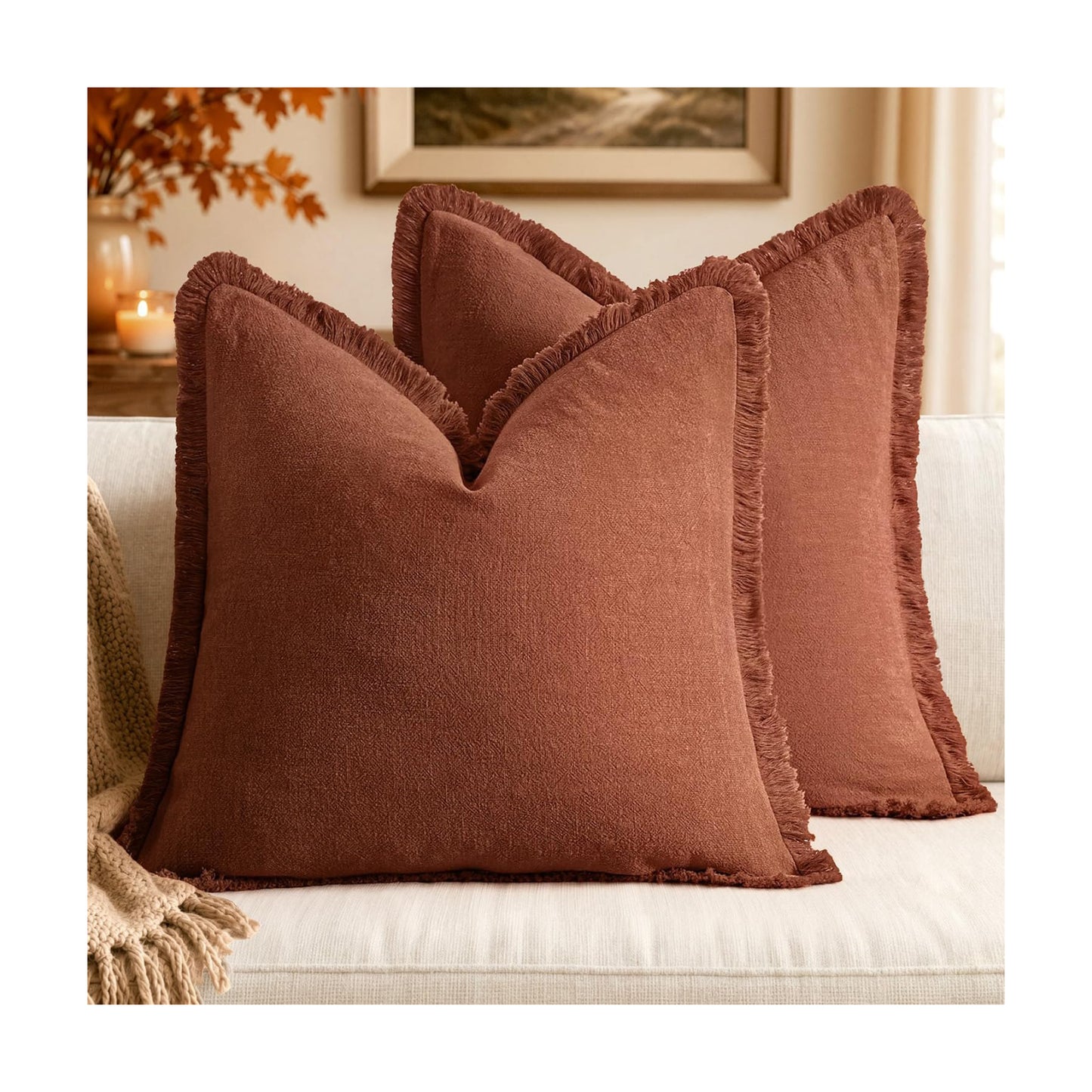 MIULEE Linen Fringe Decorative Fall Throw Pillow Covers Late Autumn 18x18