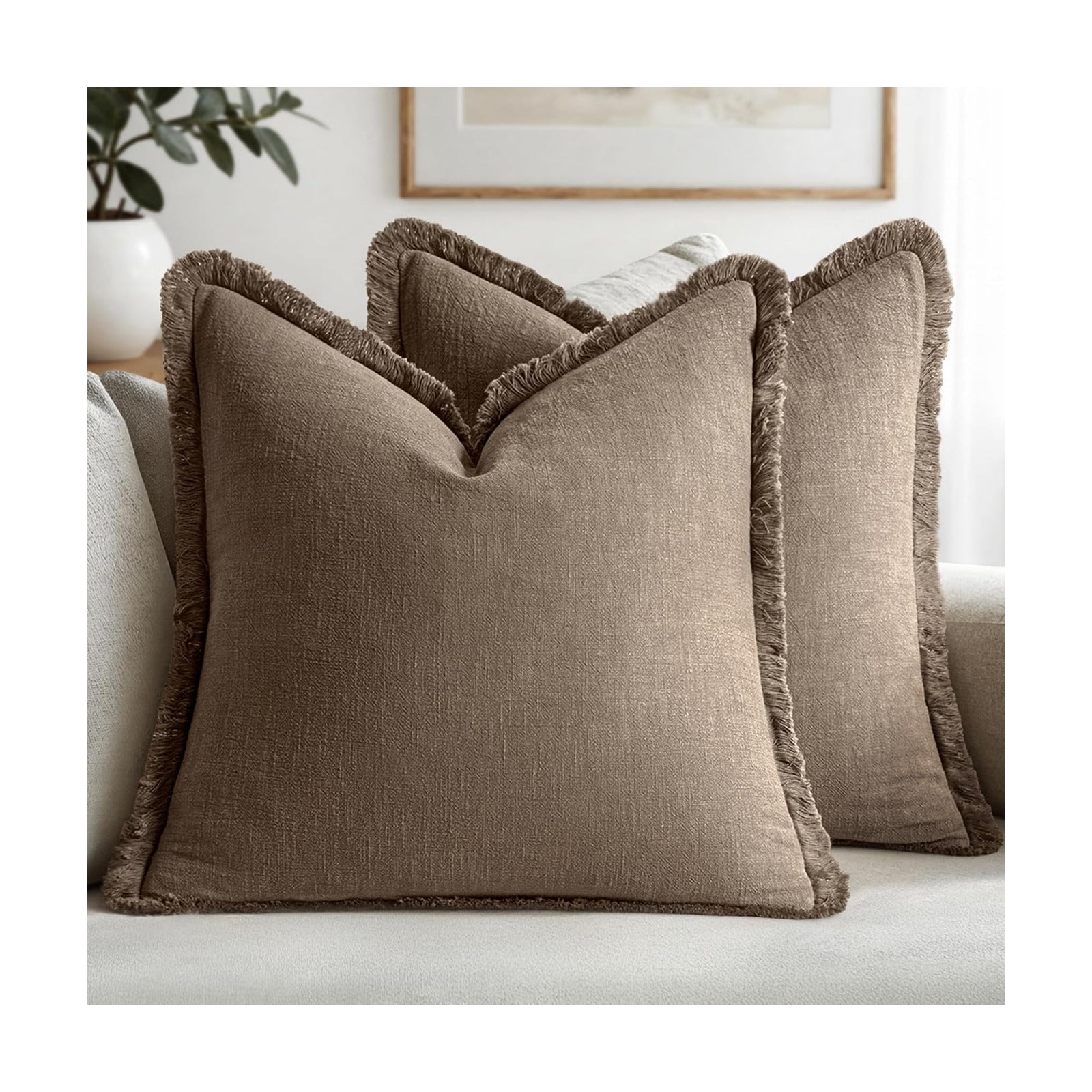 MIULEE Linen Fringe Decorative Fall Euro Pillow Covers Cocoa Brown 22x22