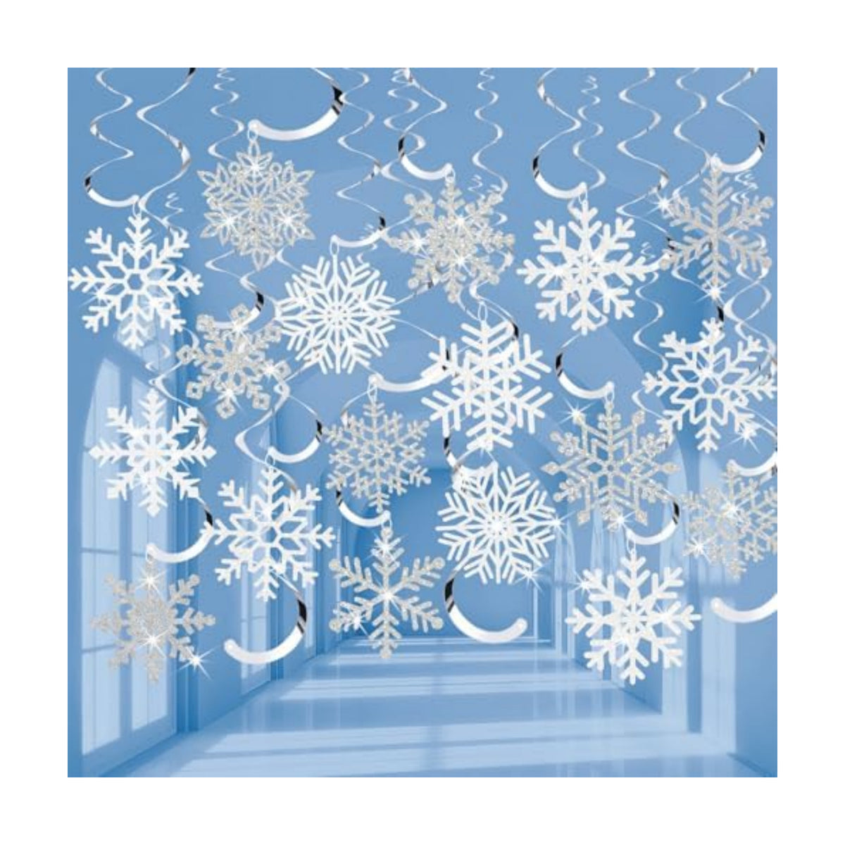 Snowflake Decorations, Christmas Hanging Decor, White Silver, 48-Pc