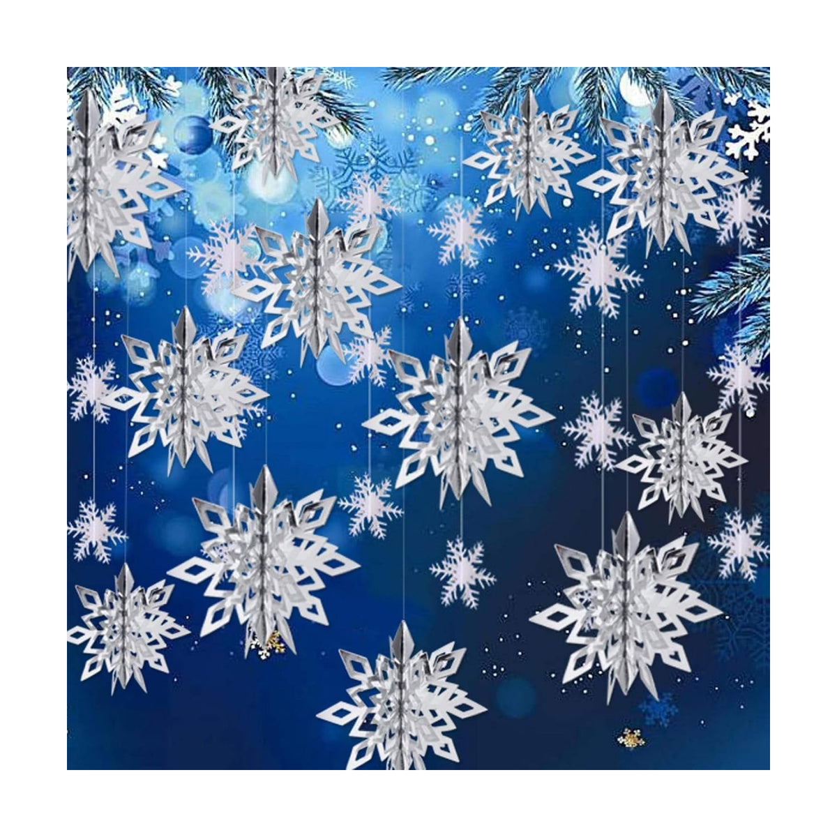 Snowflake Decorations, Paper Christmas Hanging Decor Indoor, Silver, 36-Pc
