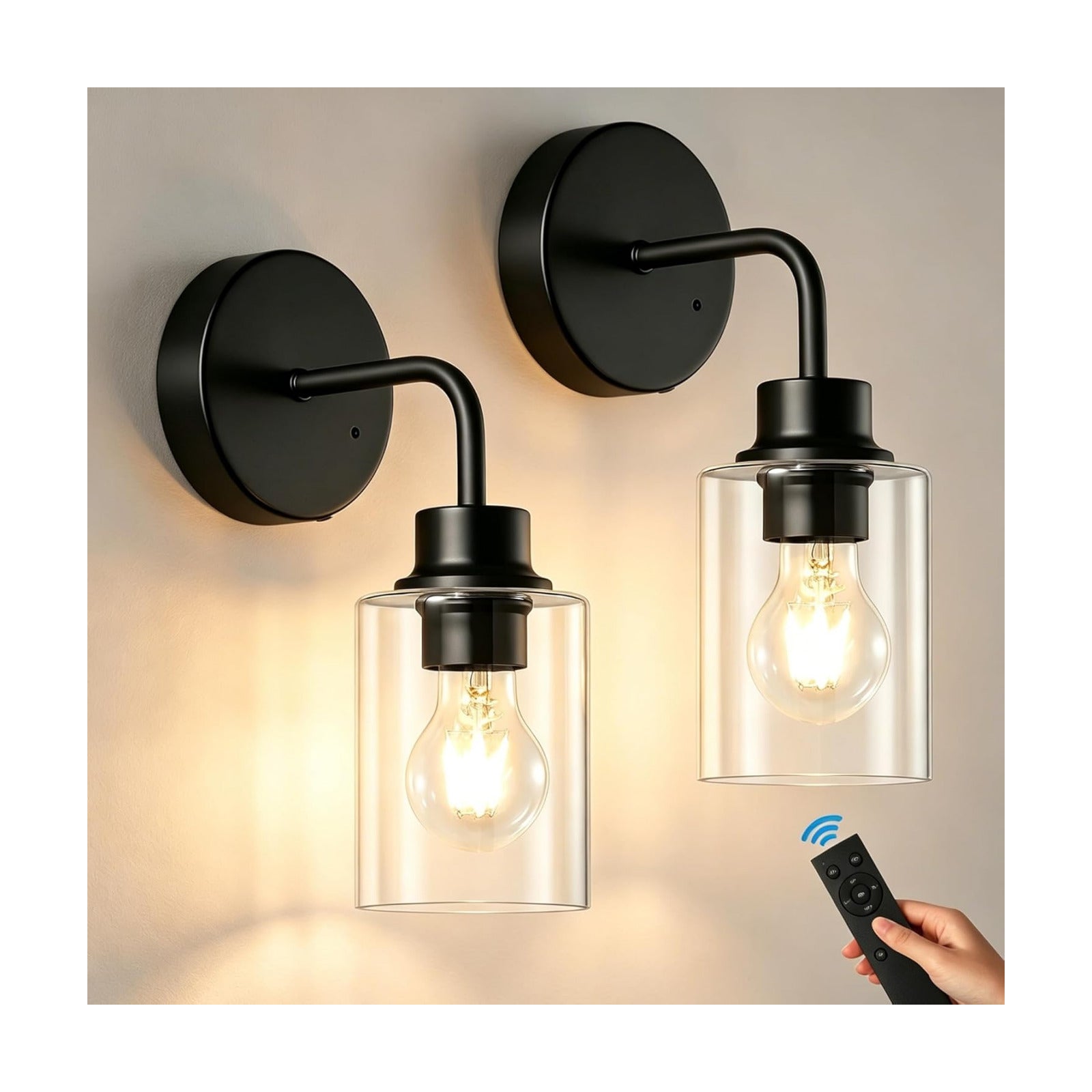 Epinl Battery Operated Black Wall Sconce Set of 2, Wireless Rechargeable Wall Lights with Remote Control, Modern