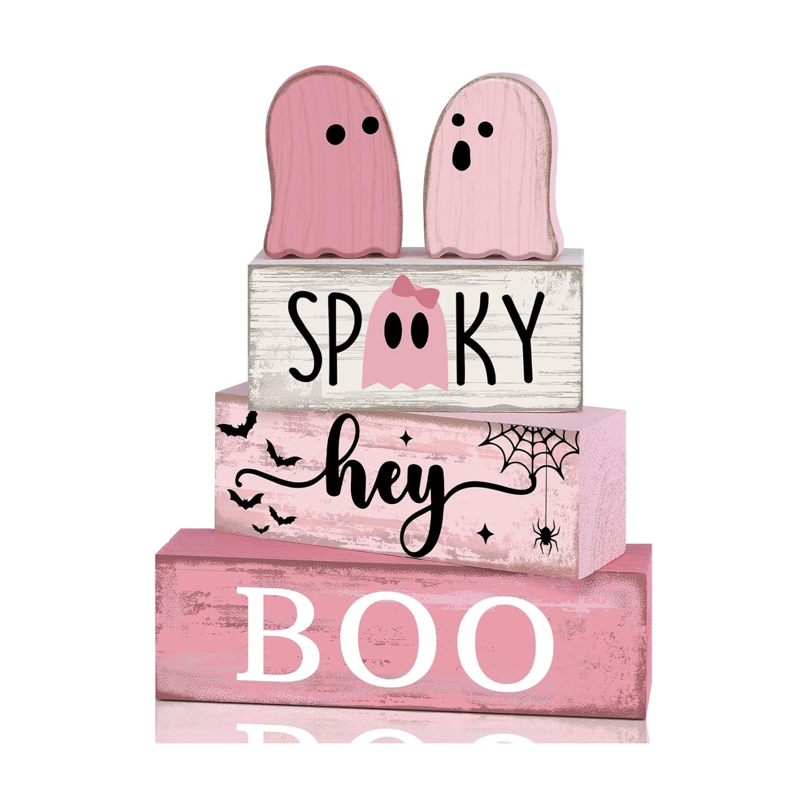 Lineshading 4 Pcs Pink Halloween Tiered Tray Decor, Wooden Ghost Signs