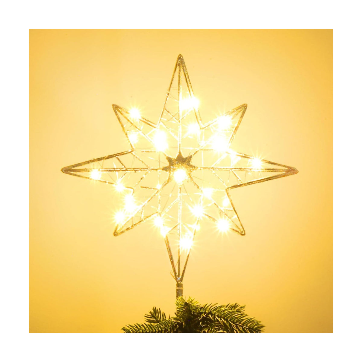 hogardeck Christmas Tree Topper, 12 Inches Lighted Gold Glittered 8-Point Star Tree Topper, 30 LED Sparkling Tree Toppers Christmas Decorations, Battery Powered Timer Xmas Treetop Star Decor