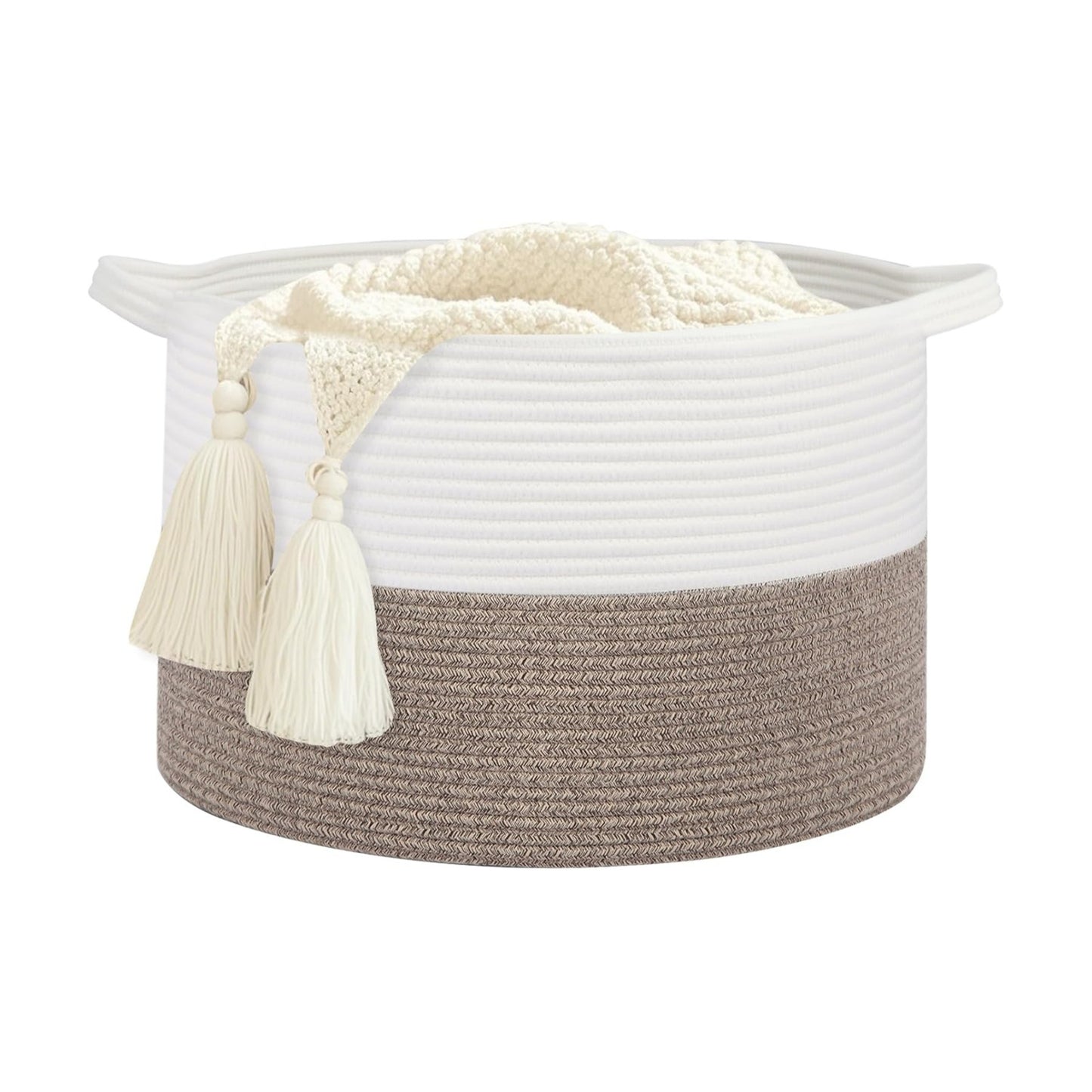 Large Laundry Basket 22''x14''Woven Cotton Rope Baby Blanket Basket / White//brown / 100L