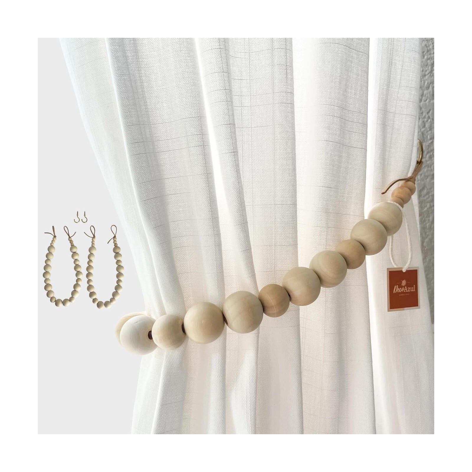 Curtain Tiebacks – Set of 2 Boho Wood Bead Holdbacks with Brass Hooks – Rustic Curtain Tie Backs for Drapes, Bedroom