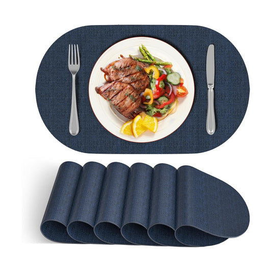 DOLOPL Oval Placemats Set of 6, Navy Blue Faux Leather Place Mats, Large | Large Size 13.8" x 21.6", Reversible