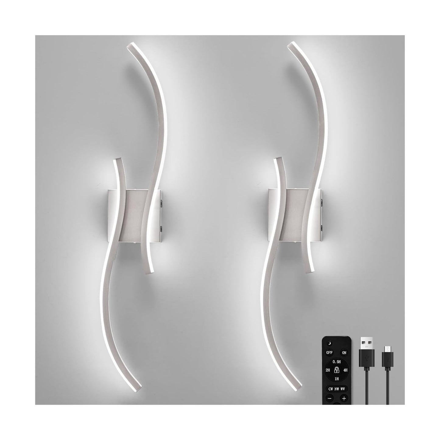 Battery Operated Wall Sconces Set of 2, Rechargeable Dimmable Battery Wall Light with Remote Control, Brushed Nickel