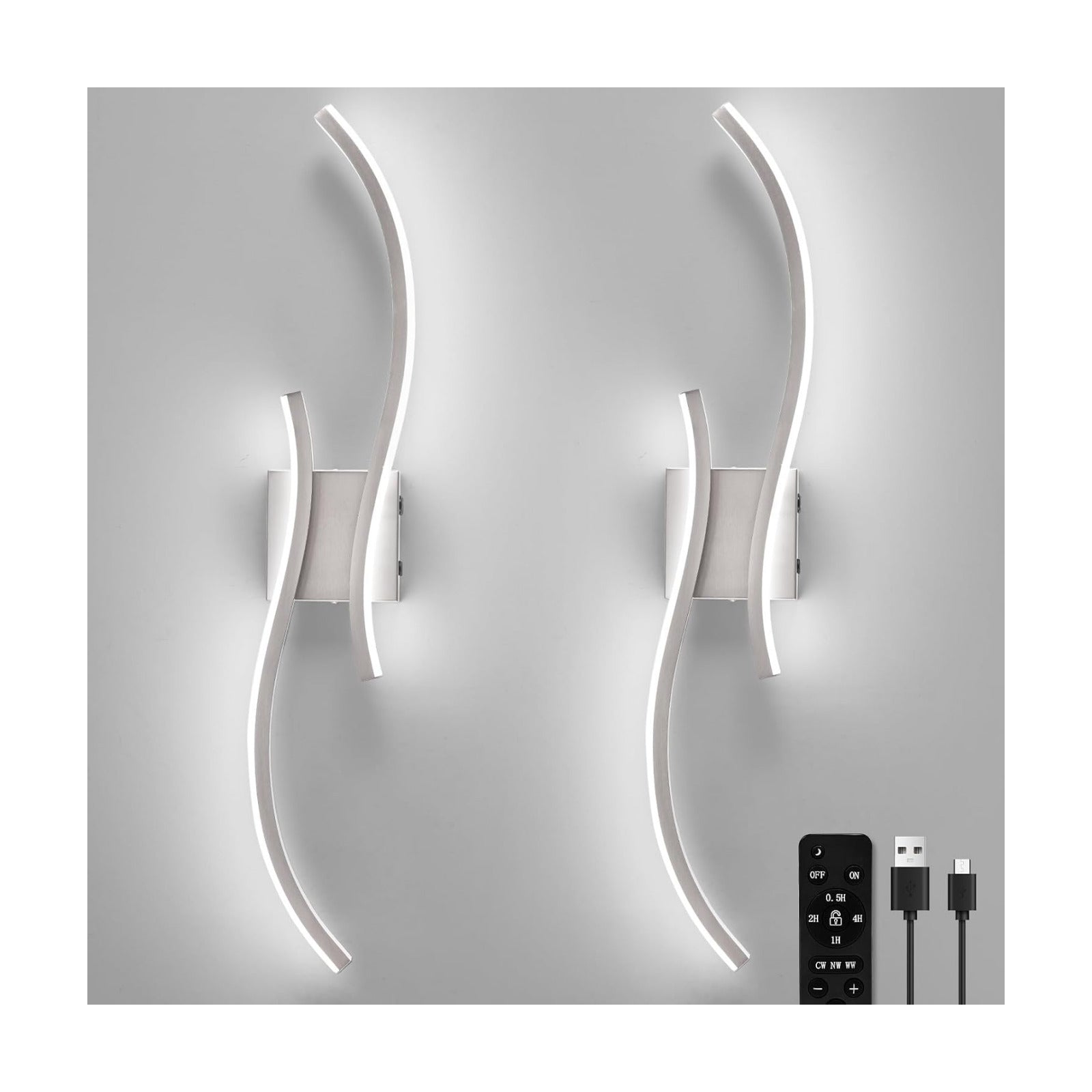 Battery Operated Wall Sconces Set of 2, Rechargeable Dimmable Battery Wall Light with Remote Control, Brushed Nickel