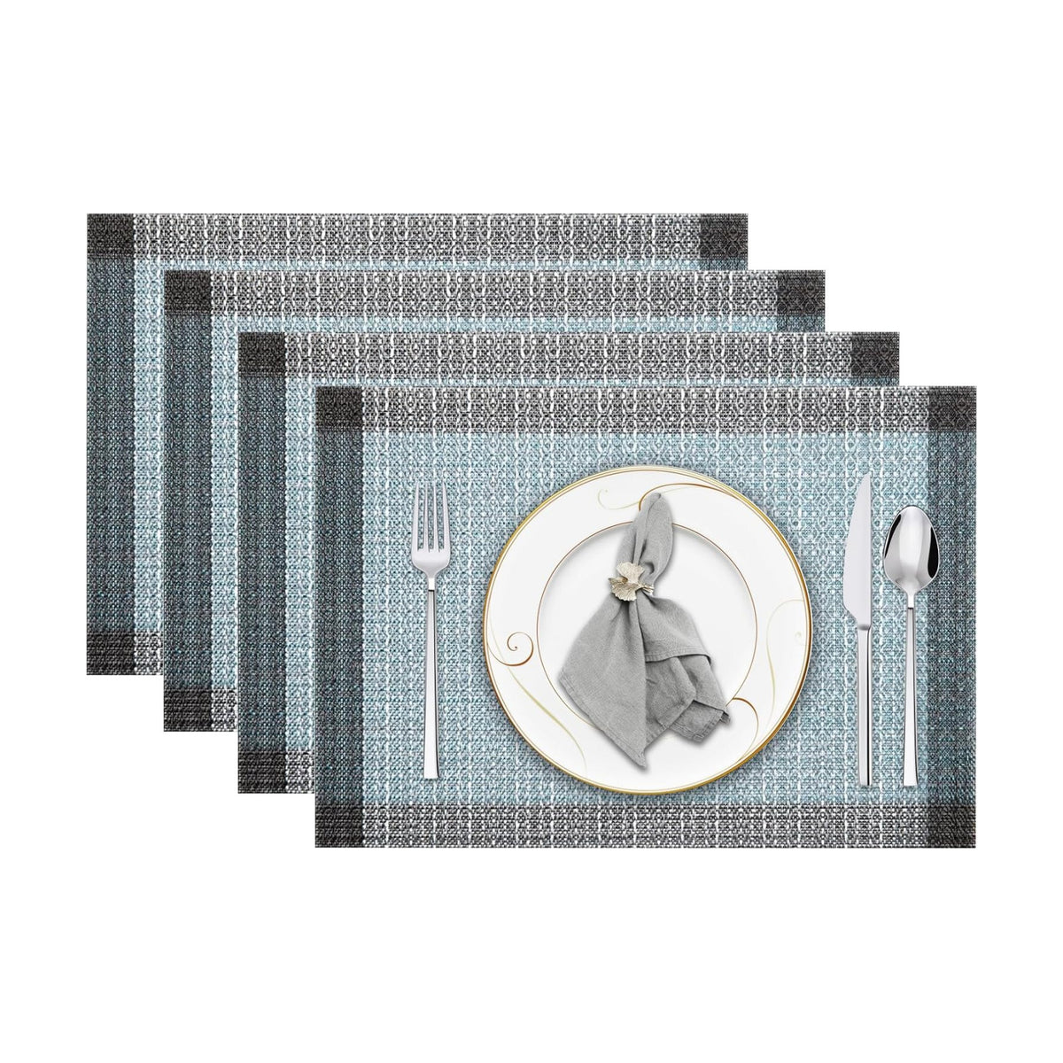 Niviy Blue Grey Ethnic Boho Placemats Set of 4, 12x18 Inch Linen Burlap Washable Durable Art Table Mats for Holiday Party Kitchen Dining Room Decoration