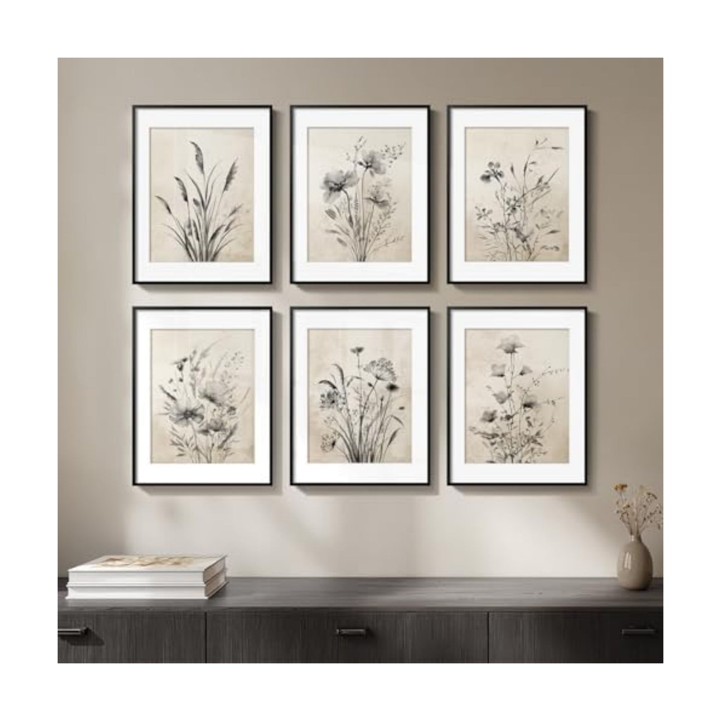 Mat for Farmhouse / 11" W x 14" H x / Black Floral - Black Framed / Set of 6