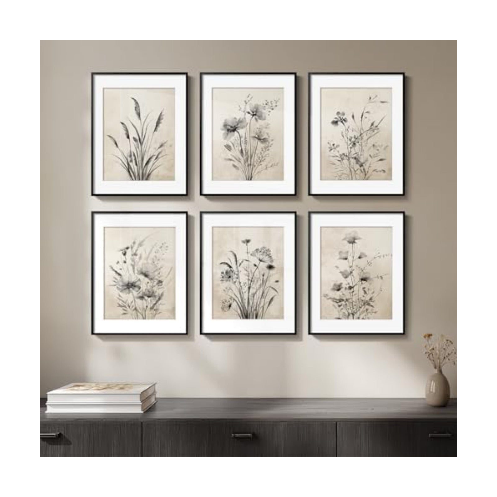 Mat for Farmhouse / 11" W x 14" H x / Black Floral - Black Framed / Set of 6