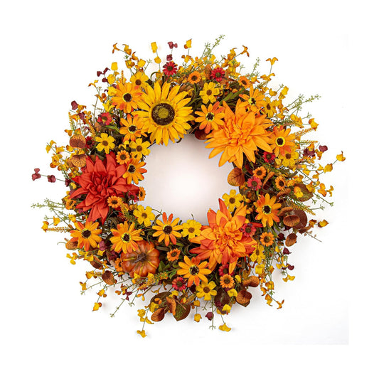JINGHONG Artificial Fall Wreath 22 Inch Fall Wreaths for Front Door Autumn Flower Wreath with Sunflower Daisy Dahlia Pumpkin for Indoor Outdoor Window Wall Porch Harvest and Thanksgiving Celebration