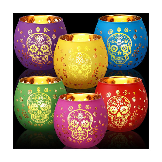 Jingmore 6 Pcs Glass Votive Holders, Sugar Skull, Multicolor