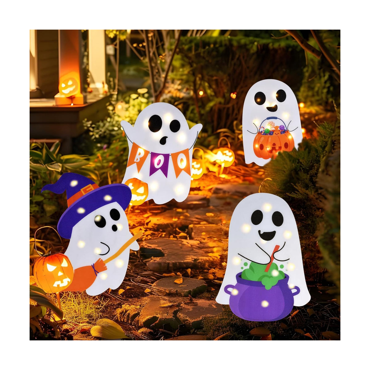 Lighted Cute Ghost Yard Signs, 4 Packs Halloween Decorations Outdoor Scary Witch Pumpkin Boo Signs with Lights for Lawn Garden Yard Stakes Outside Halloween Decoration Decor Clearance