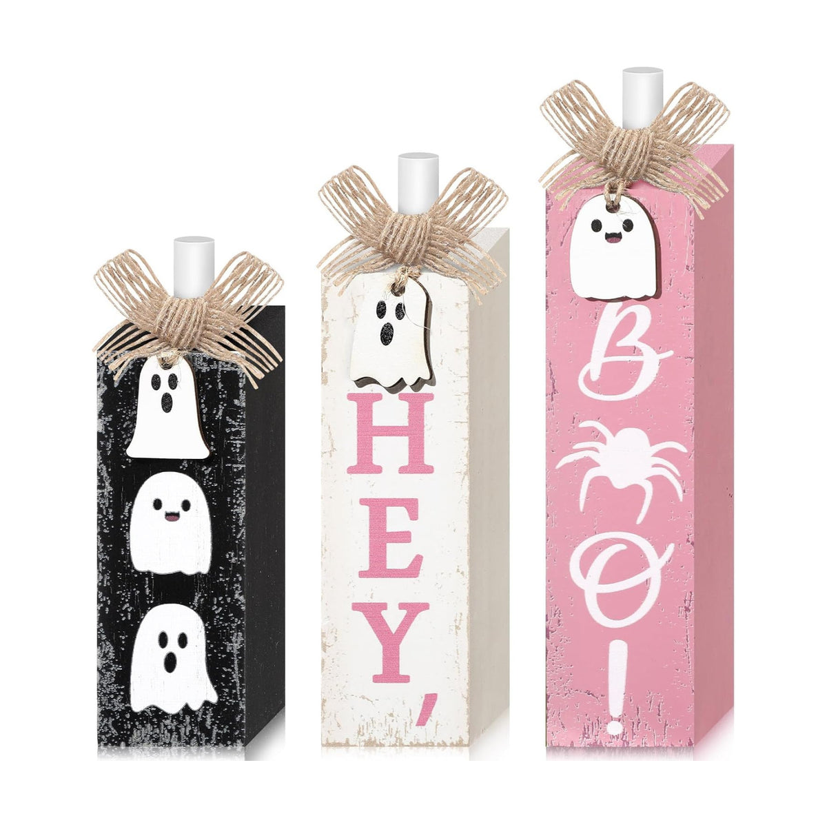 Redbaker 3 Pcs Pink Halloween Table Decor, Pastel Ghost Wood Decor for Home