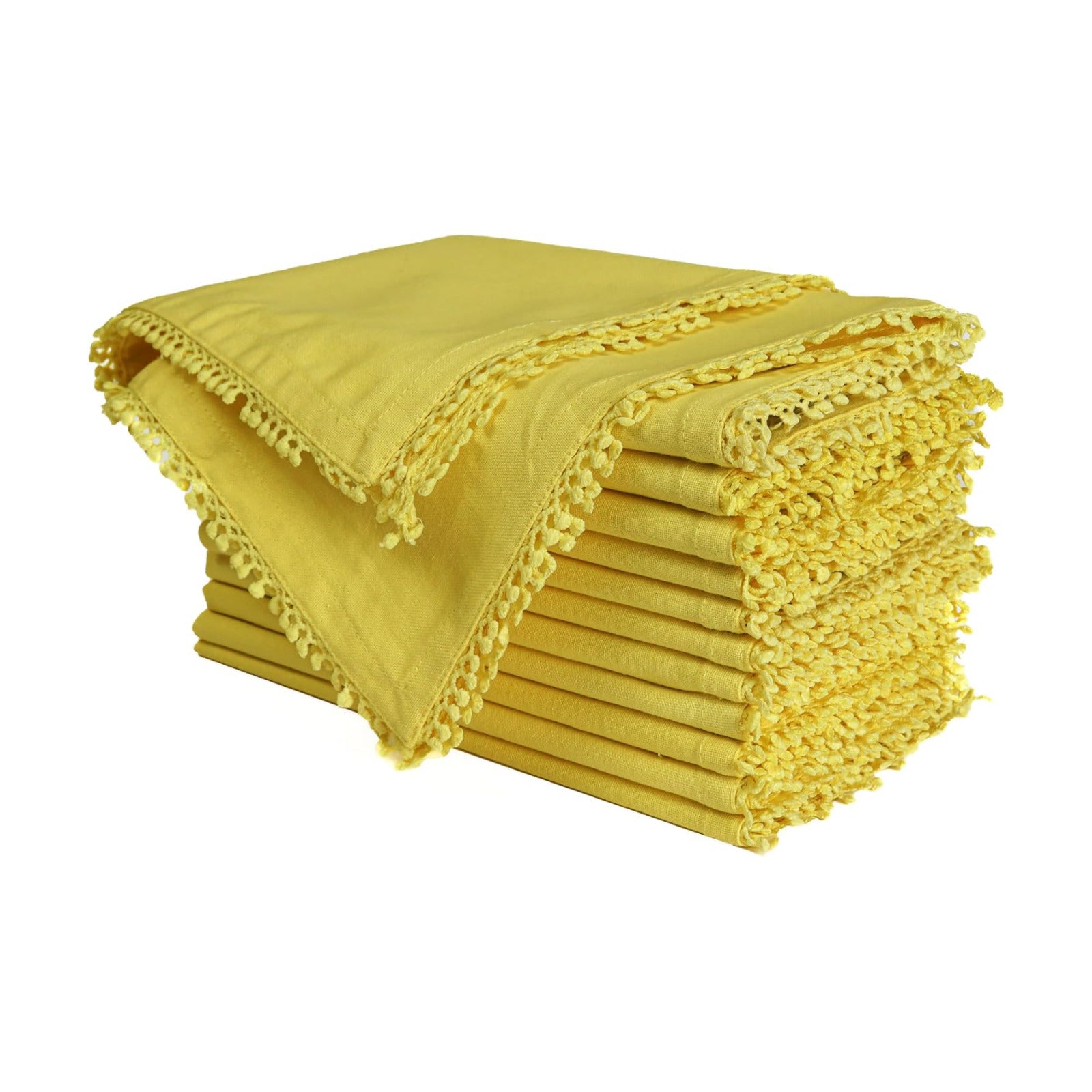 Bedding Craft Cotton Cloth Dinner Napkins Set of 12 – 18x18 Yellow with Decorative Lace Selvedge – Durable Machine