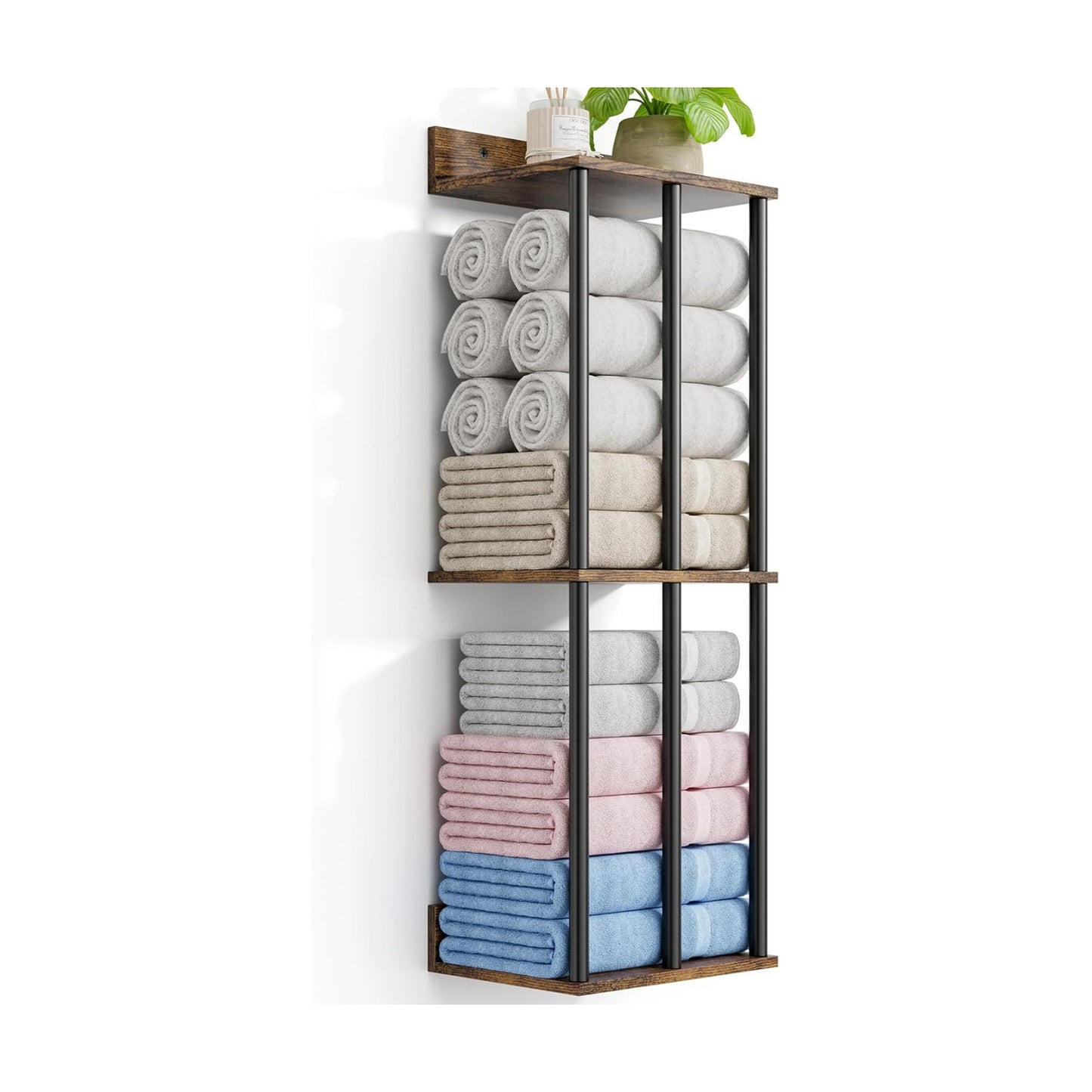 Towel Racks for Bathroom Wall Mounted with Wooden Storage Shelf | Updated 3 Bar Metal Towel Holder for Rolled Towels