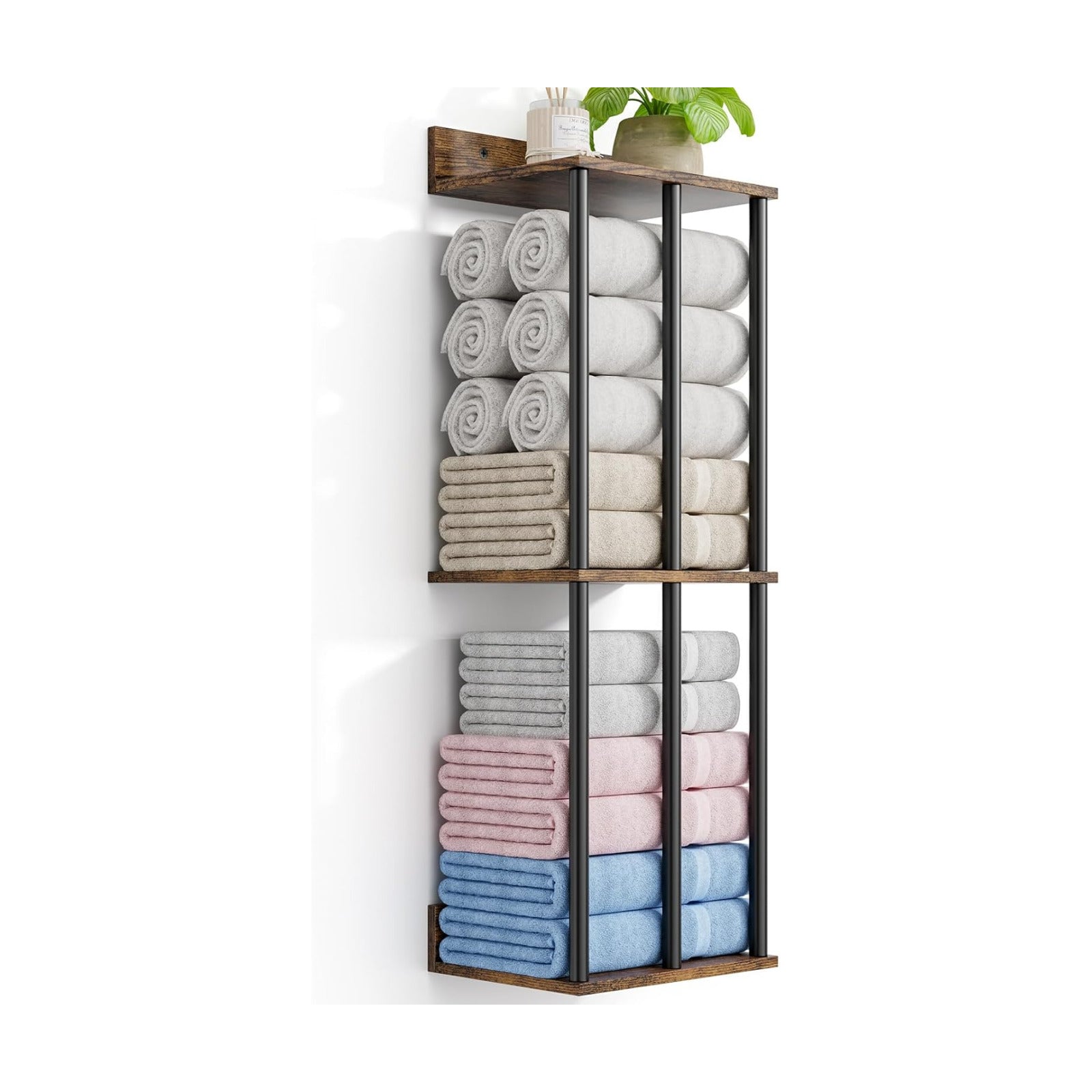 Towel Racks for Bathroom Wall Mounted with Wooden Storage Shelf | Updated 3 Bar Metal Towel Holder for Rolled Towels