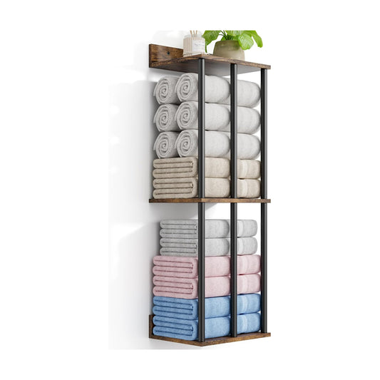 Towel Racks for Bathroom Wall Mounted with Wooden Storage Shelf | Updated 3 Bar Metal Towel Holder for Rolled Towels