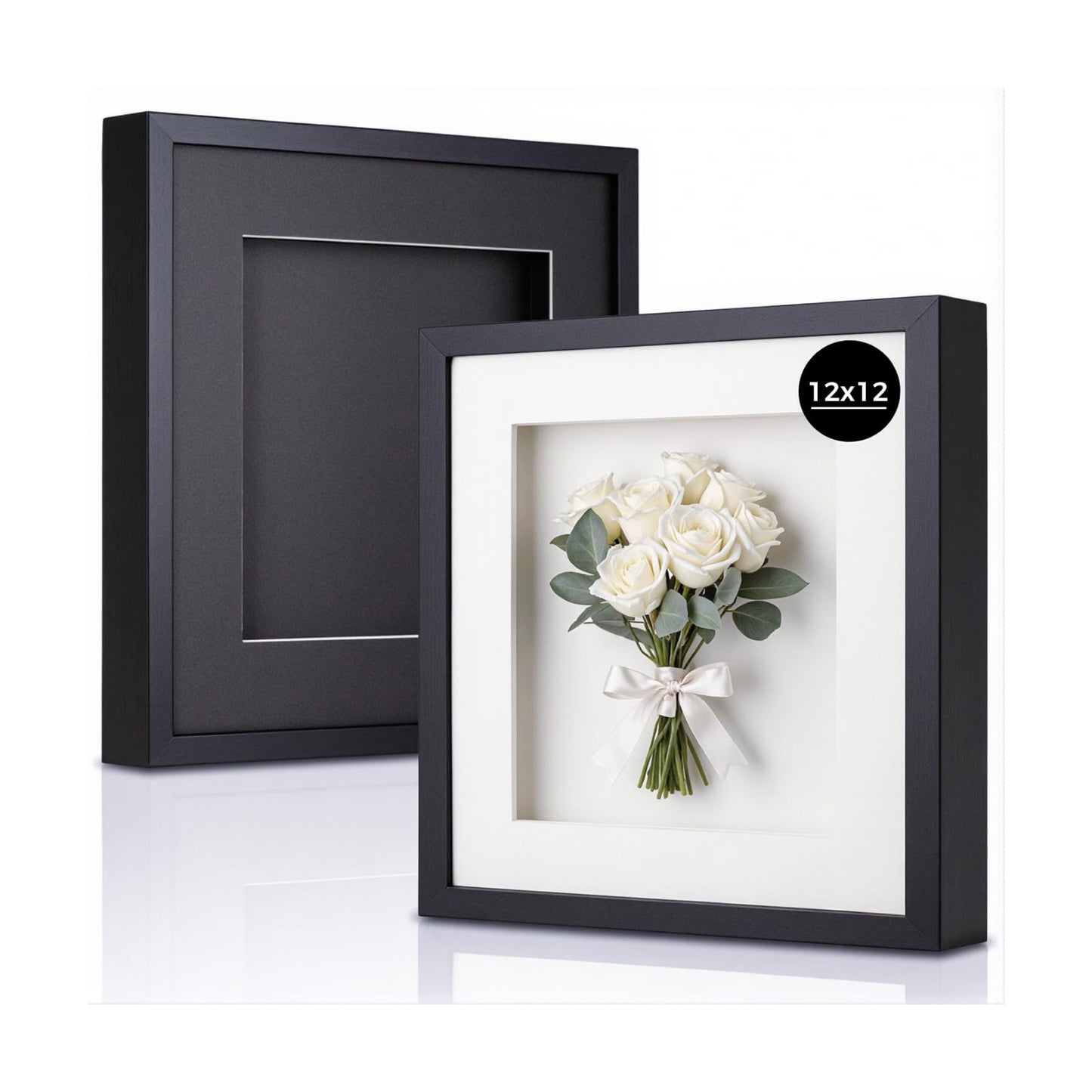 12x12 Shadow Box Picture Frame, Deep 1.77” Display Case with Real Glass, Removable Inner Frame & Black/White Mat for