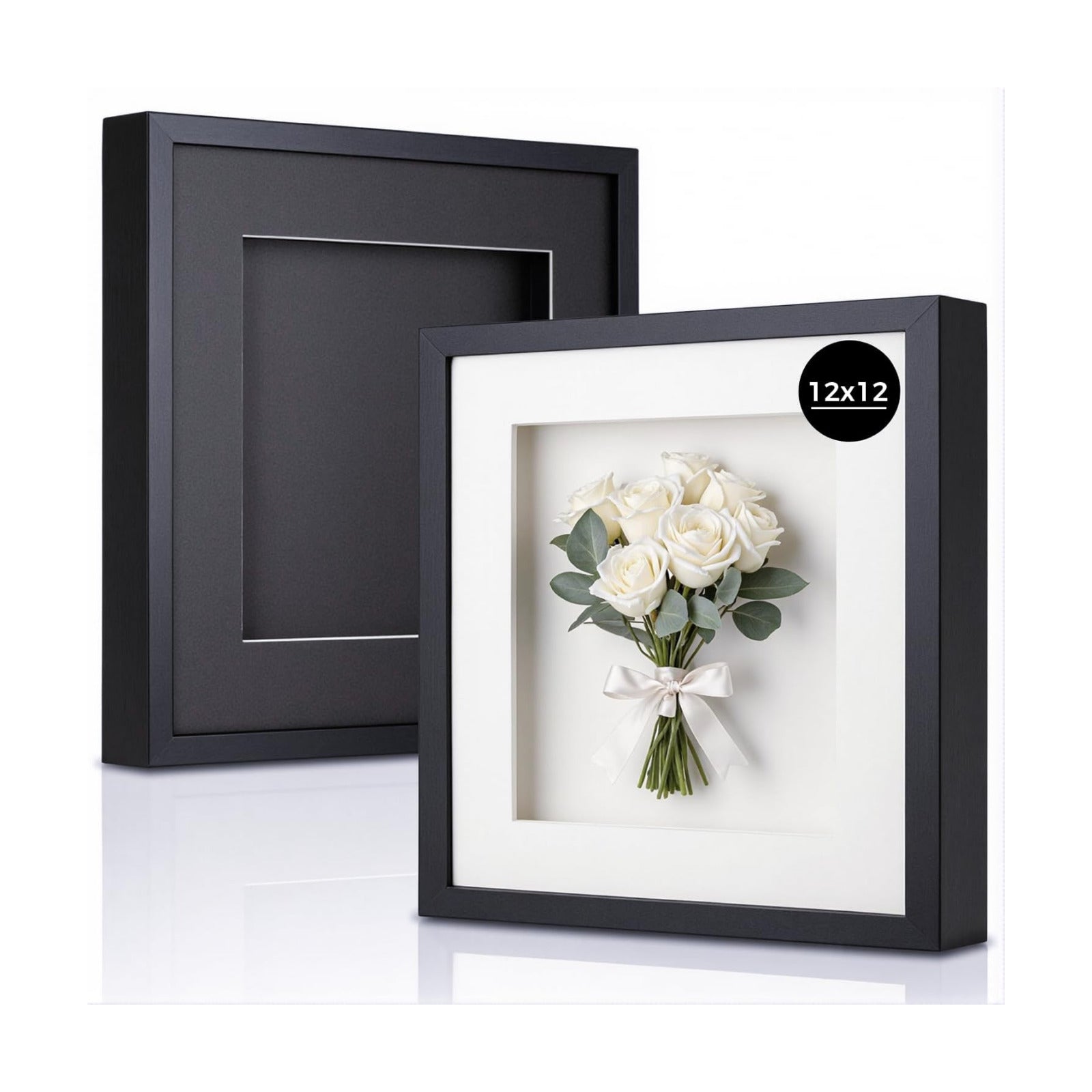 12x12 Shadow Box Picture Frame, Deep 1.77” Display Case with Real Glass, Removable Inner Frame & Black/White Mat for